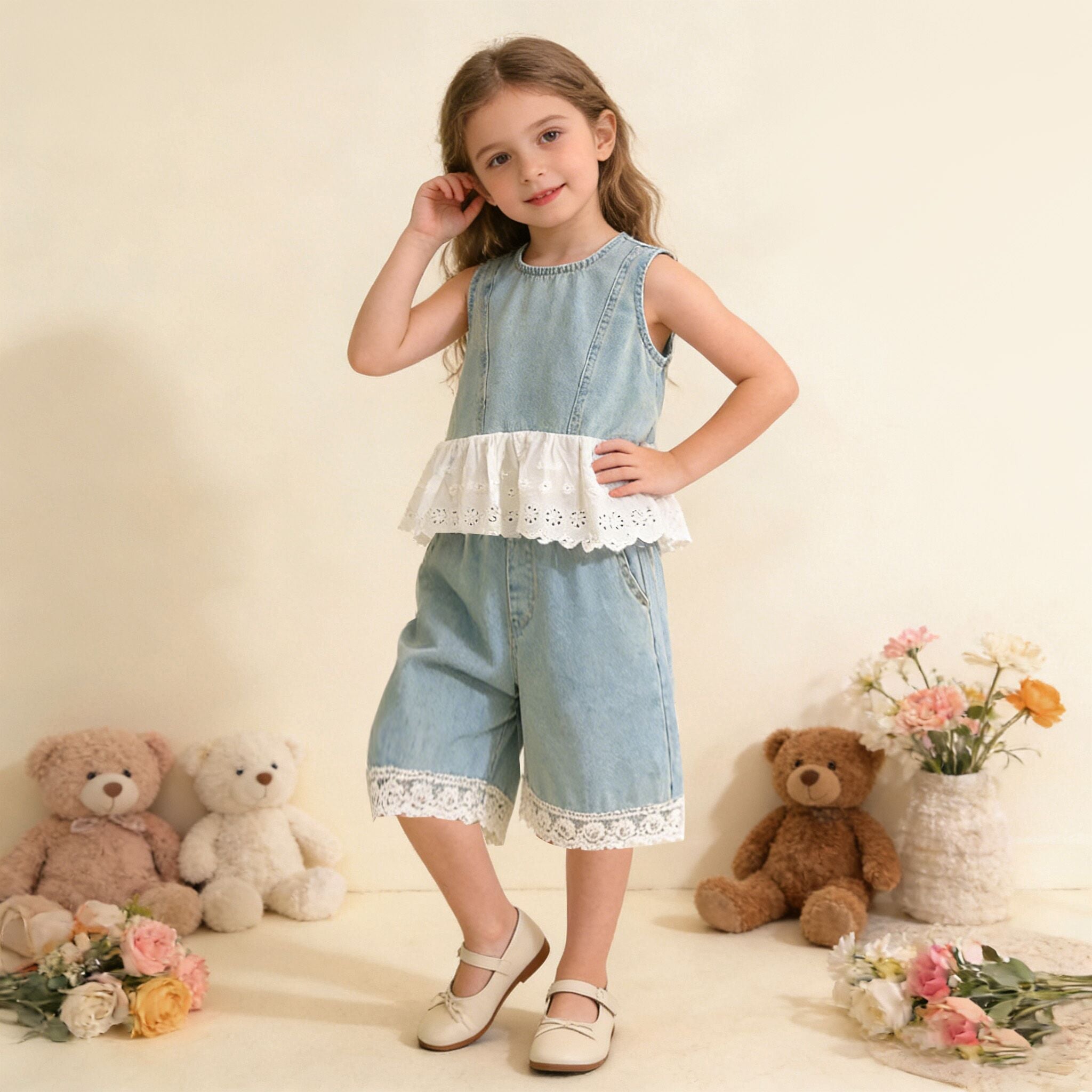 (In Production)Girls Spring&Summer Denim Lace Ruffle Outfit Set