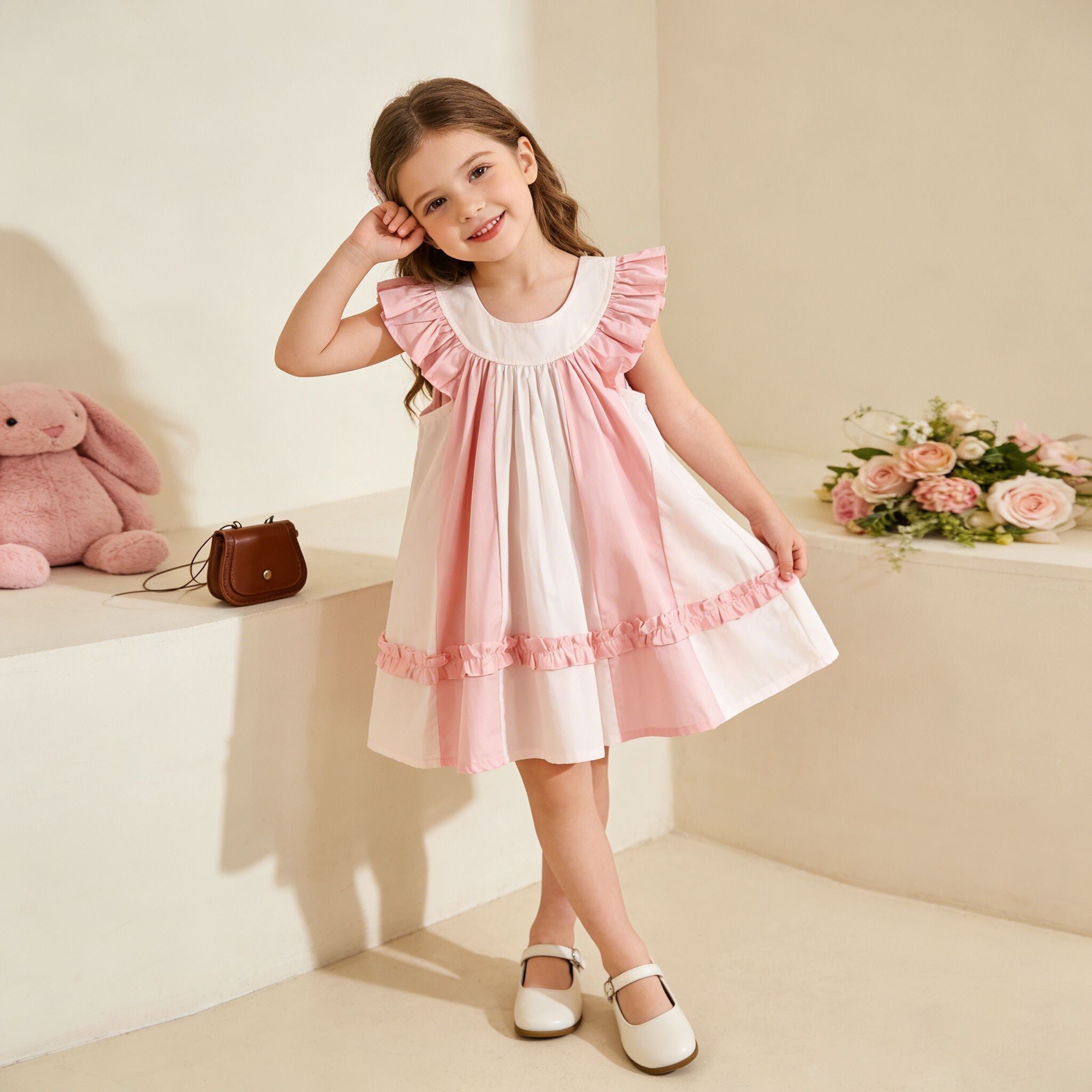 (In Production)Girls Spring&Summer Pink Flying Sleeves Dress