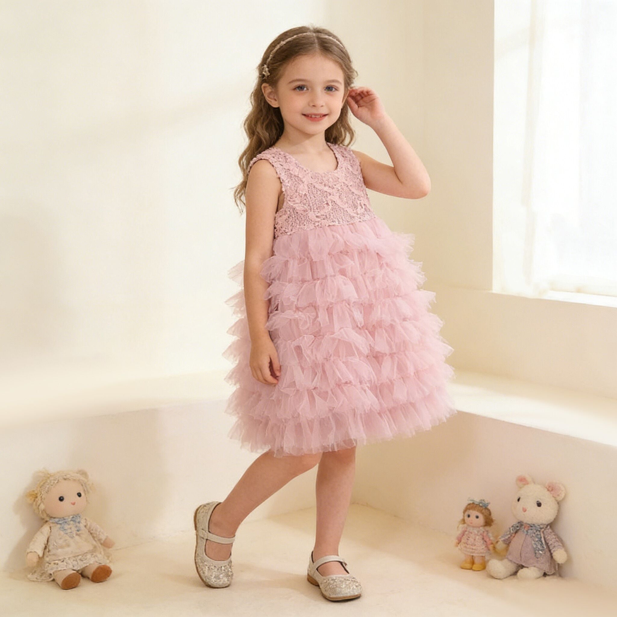 (In Production)Girls Spring&Summer Pink Floral Tulle Dress