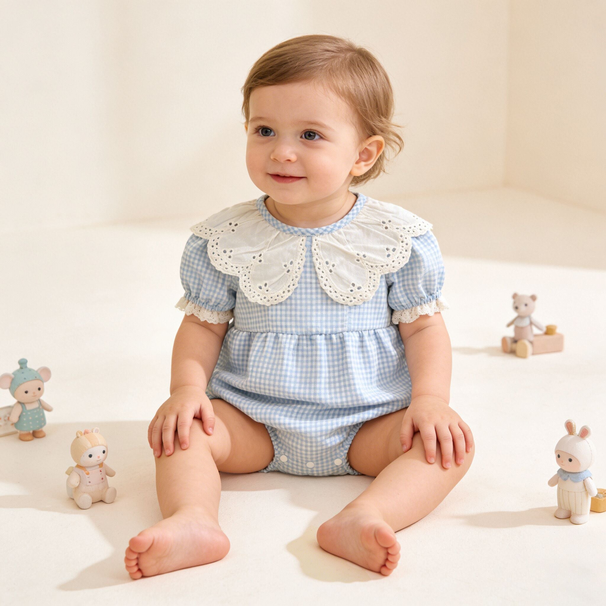 (In Production)Toddler Girls Spring&Summer Cotton Blue Plaid Romper