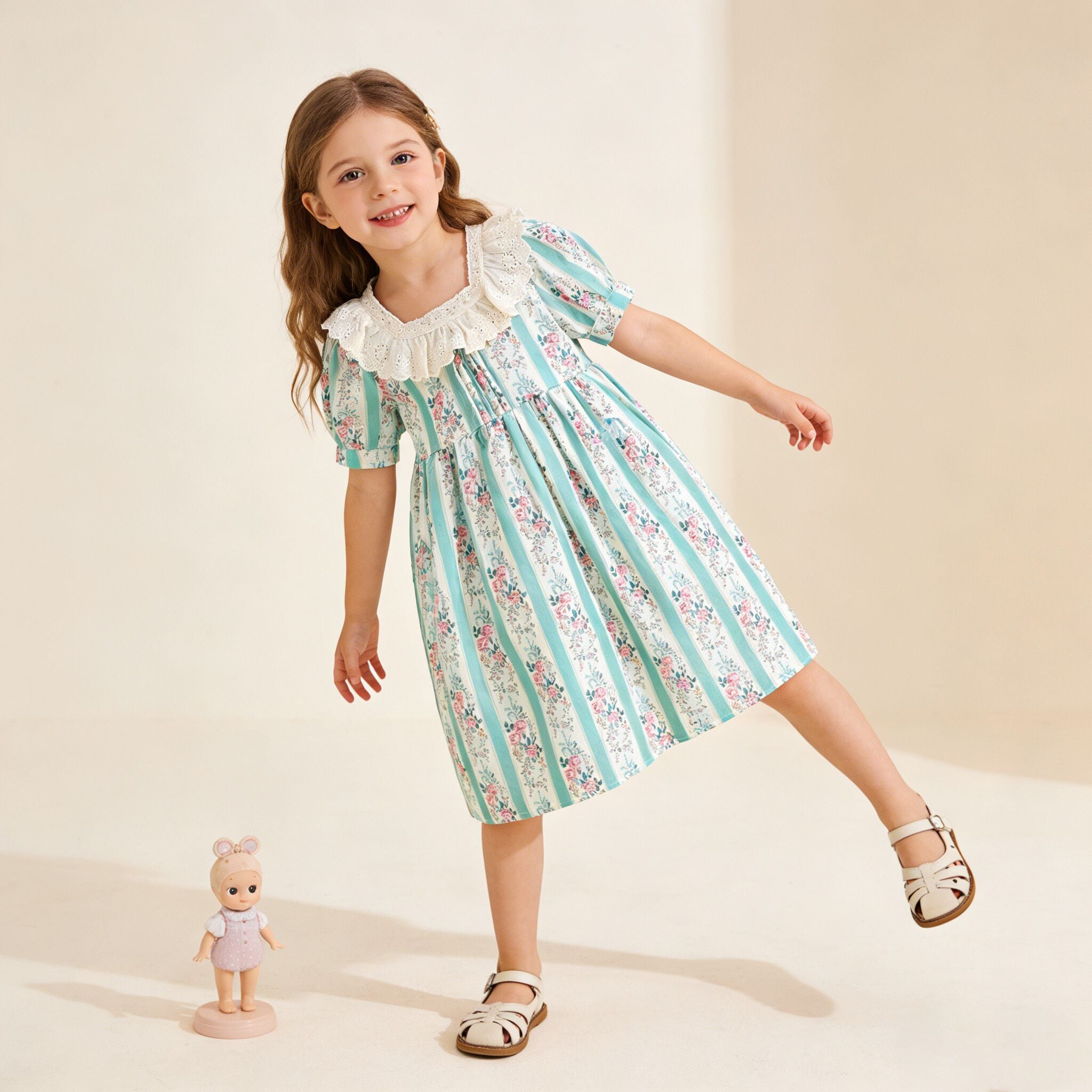 (In Production)Girls Spring&Summer Floral Print Lace Ruffle Dress