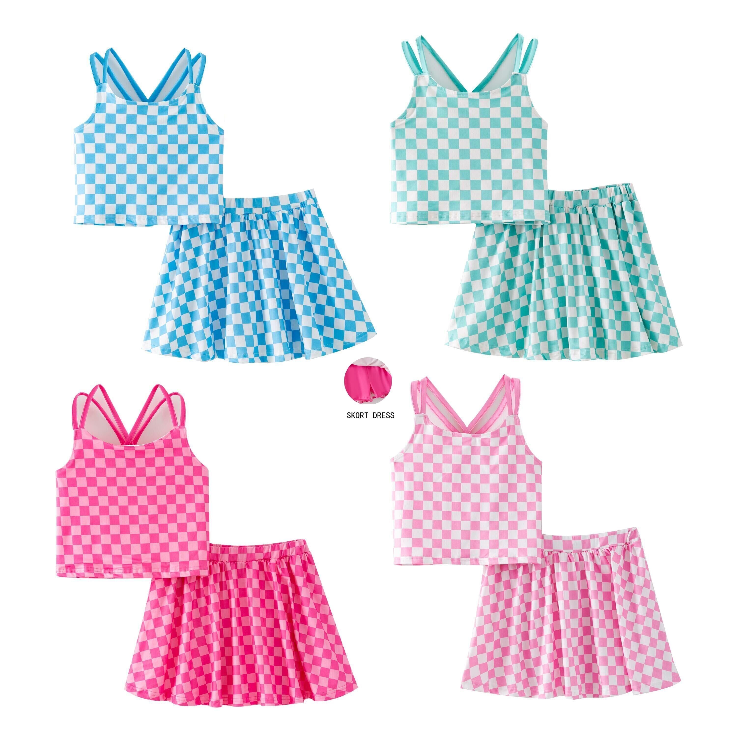 (Pre Order,Prepack Zone)Girls Spring&Summer Plaid Print Skort Set(Mix Size)