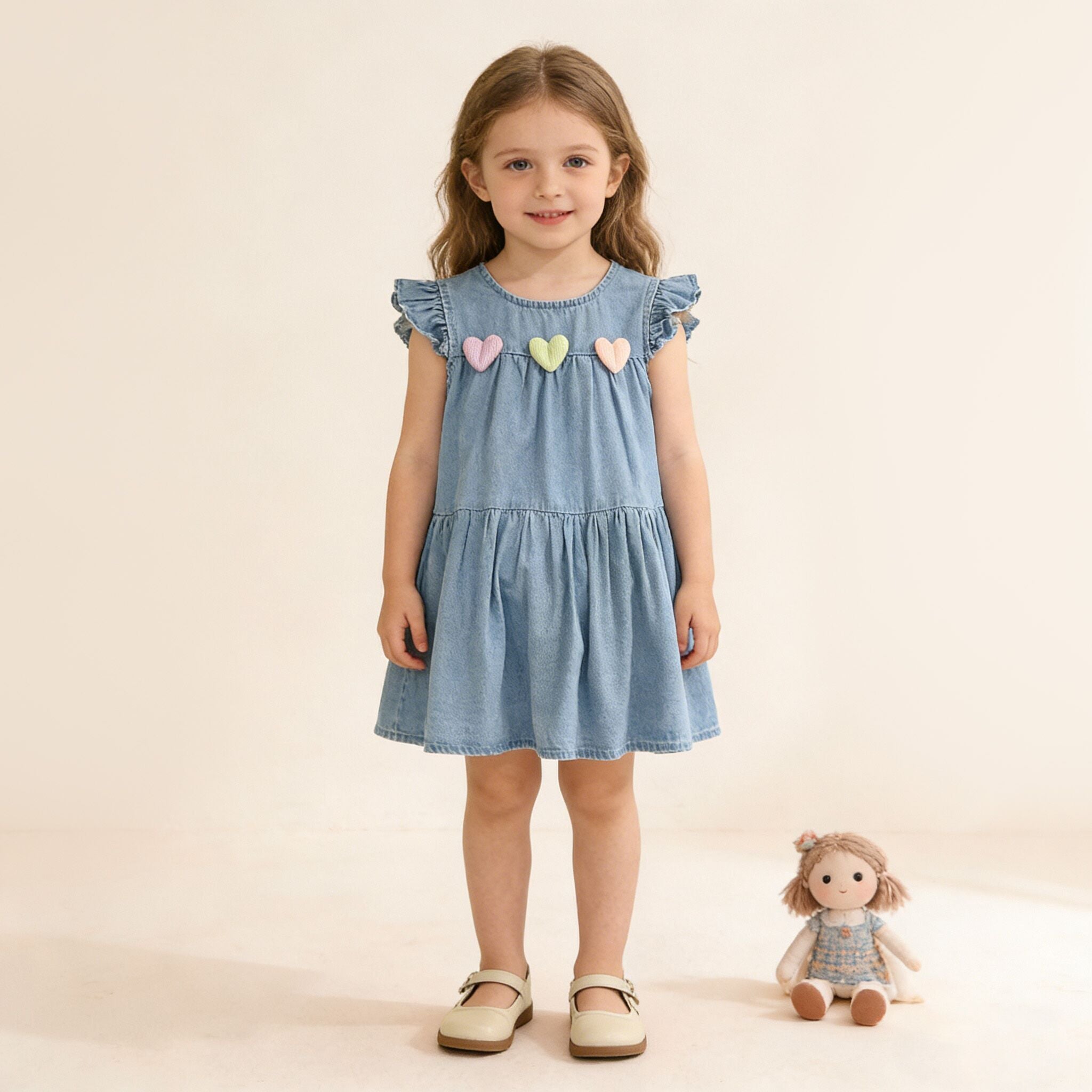 (In Production)Girls Spring&Summer Heart Denim Dress