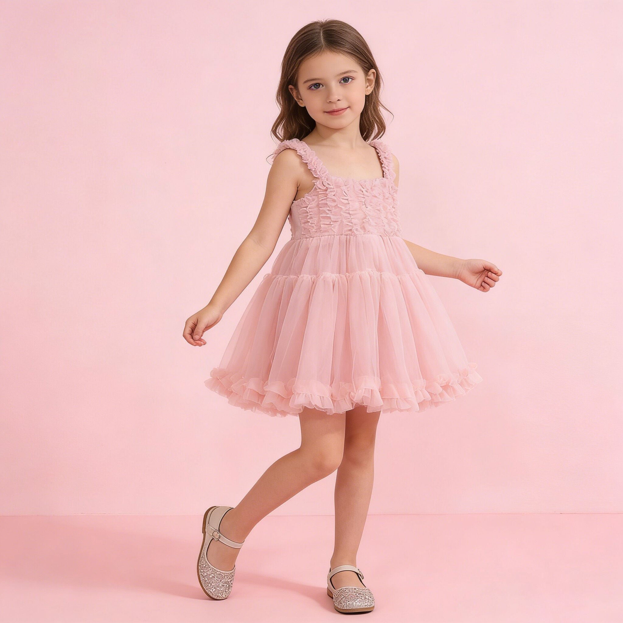 (In Production)Girls Summer Smoke Pink Halter Tulle Dress
