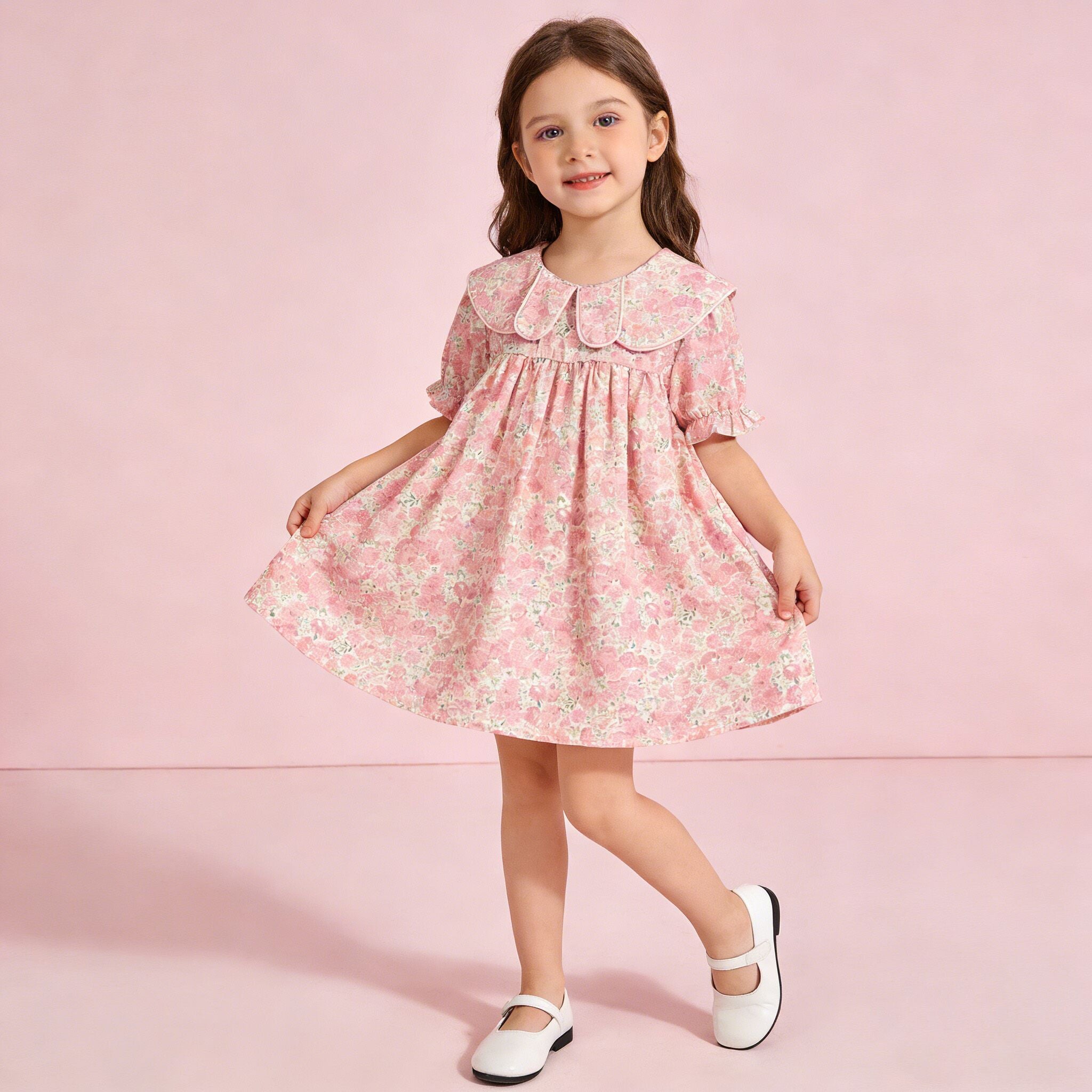 (In Production)Girls Spring&Summer Floral Print Doll Collar Dress