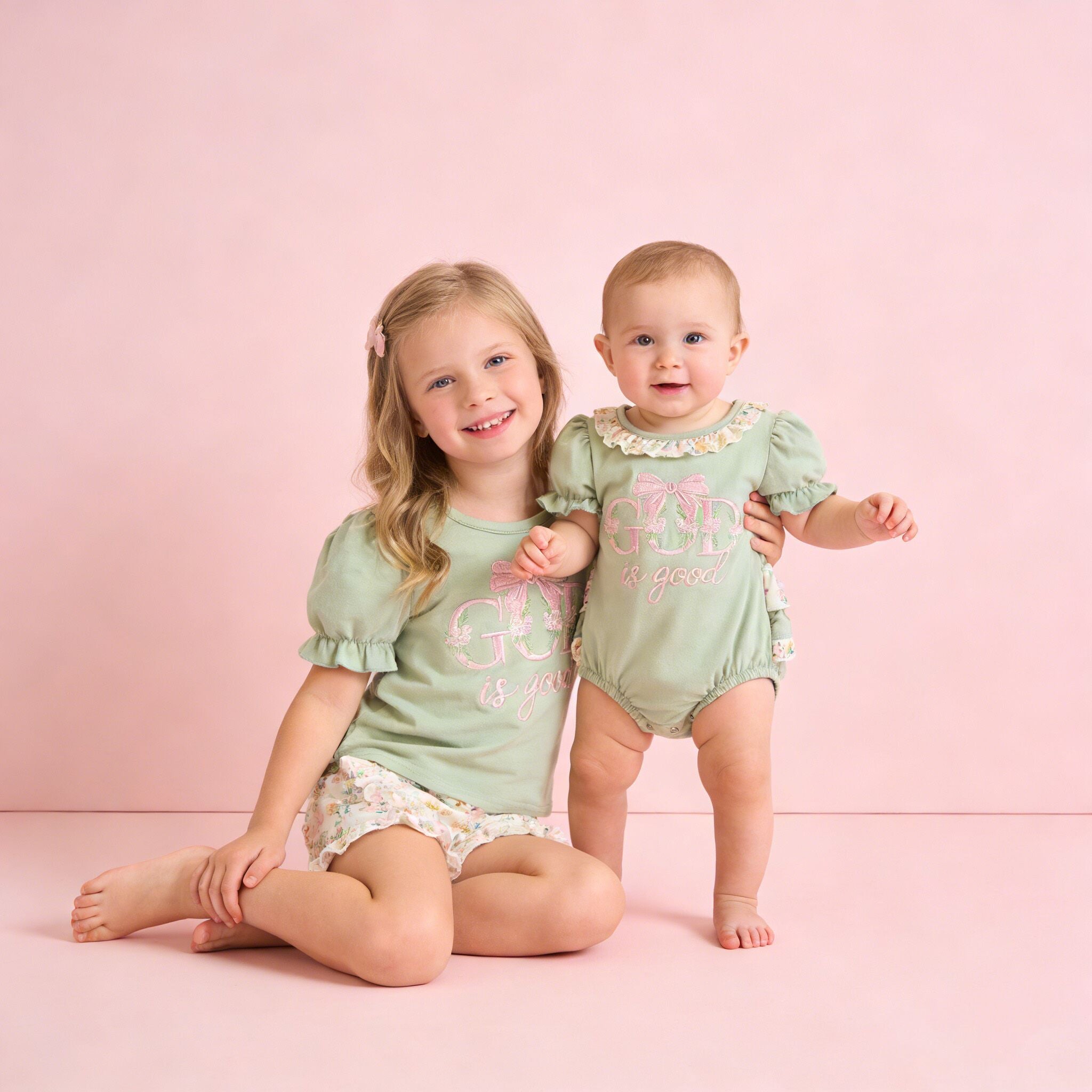 (In Stock)Sisters GOD IS GOOD Embroidery Shorts Set&Romper