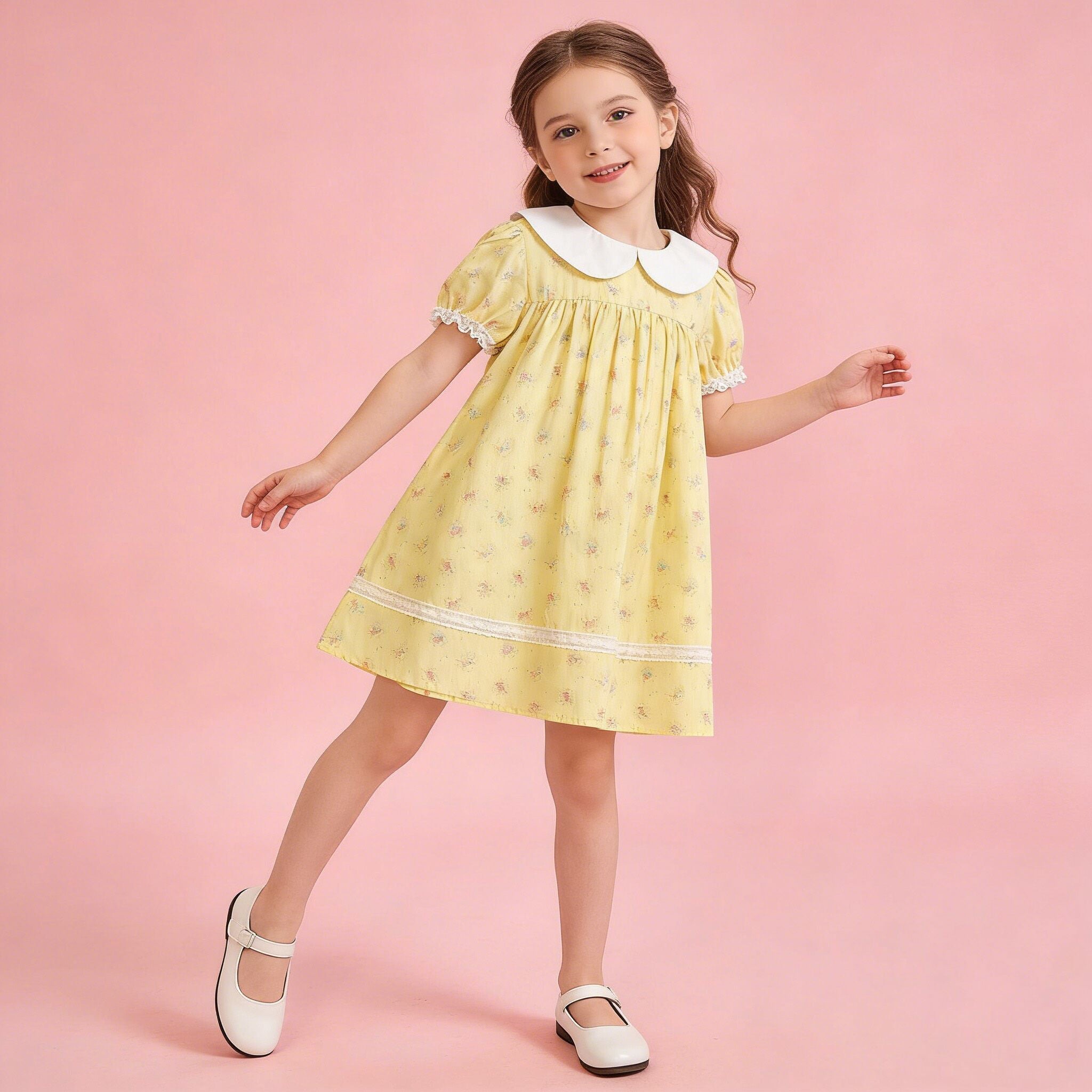(In Production)Girls Spring&Summer Yellow Floral Print Doll Collar Dress