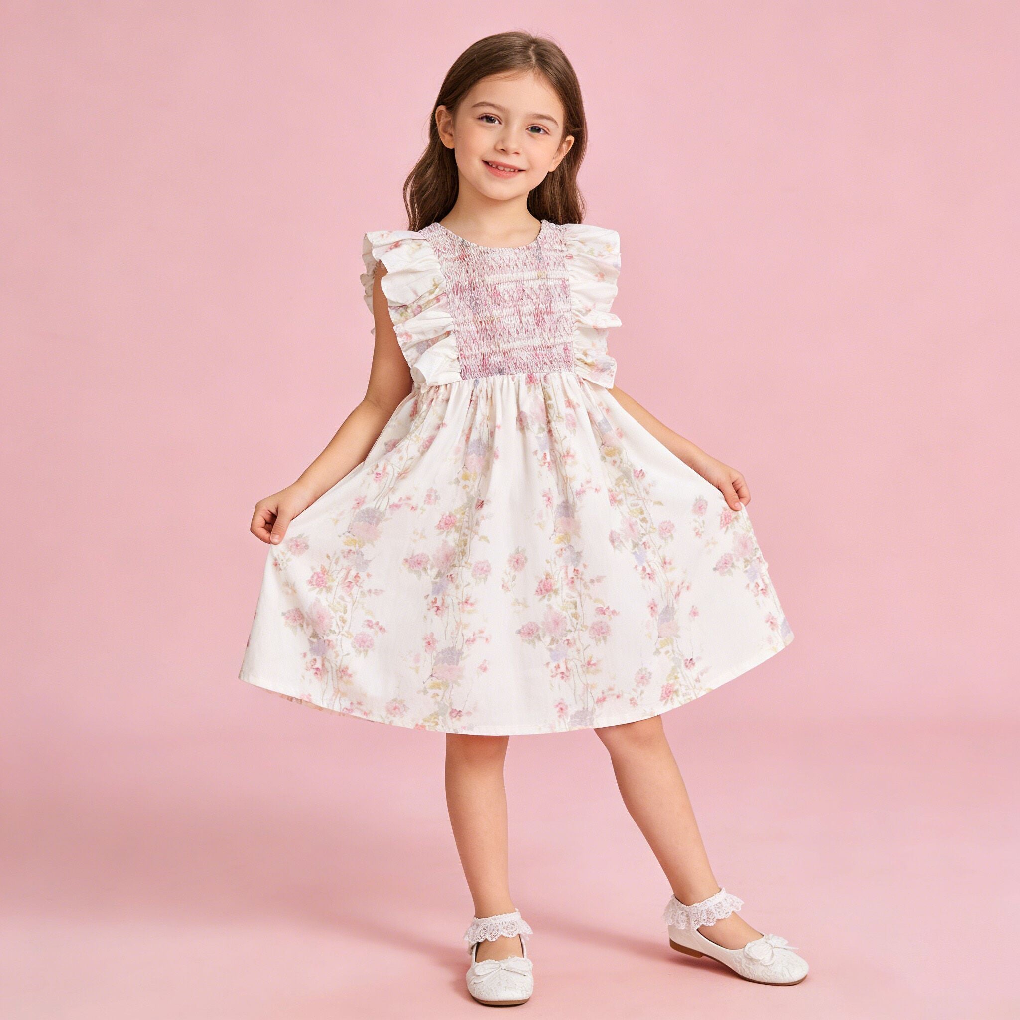 (In Production)Girls Spring&Summer Floral Print Smocked Ruffle Dress