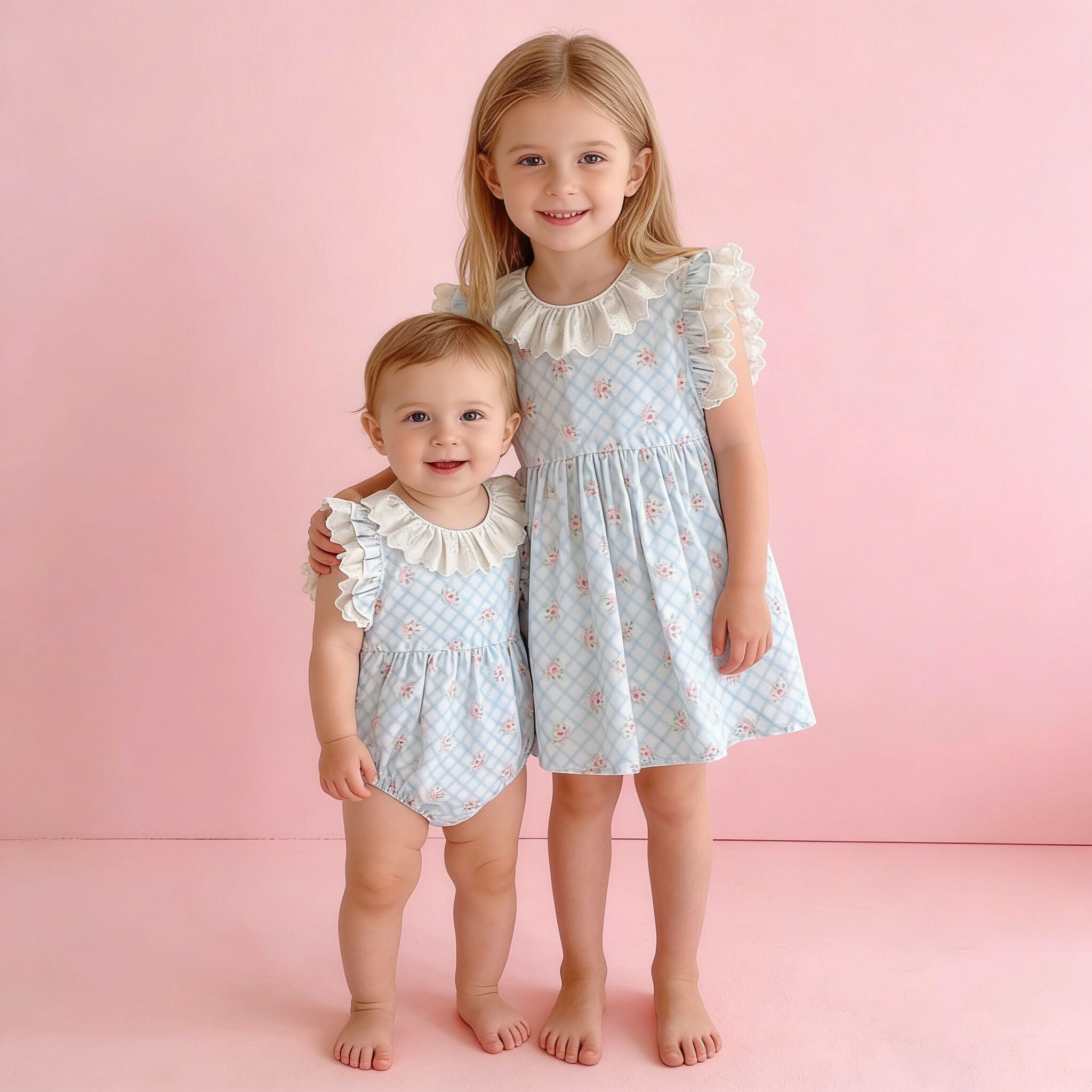 (In Production)Sisters Spring&Summer Floral Print Lace Ruffle Dress,Romper