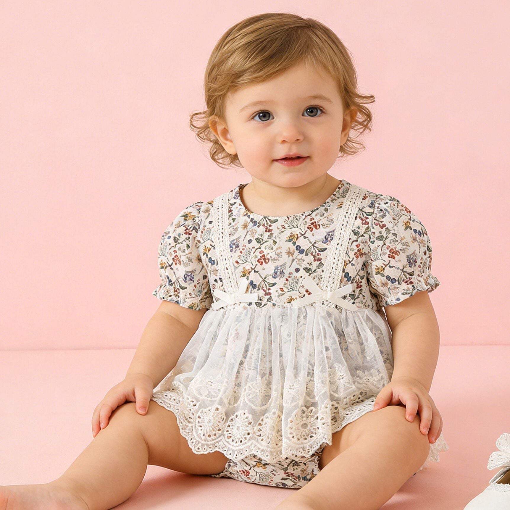 (In Production)Toddler Girls Spring&Summer Floral Print Lace Romper