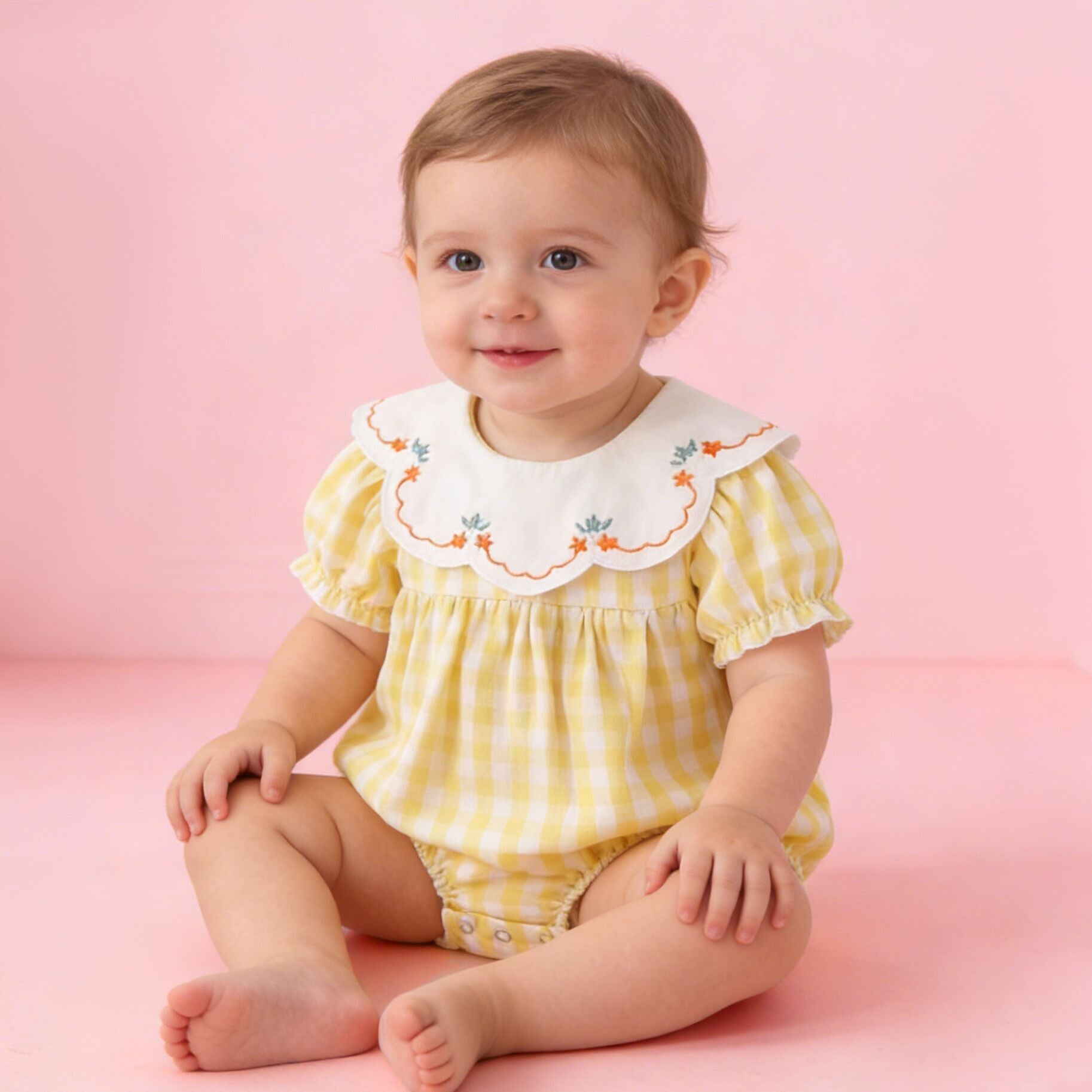 (In Production)Toddler Girls Spring&Summer Embroidery Yellow Plaid Romper