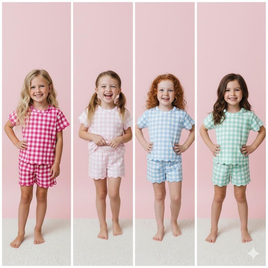 (Pre Order)Girls Spring&Summer Plaid Scallop Shorts Set