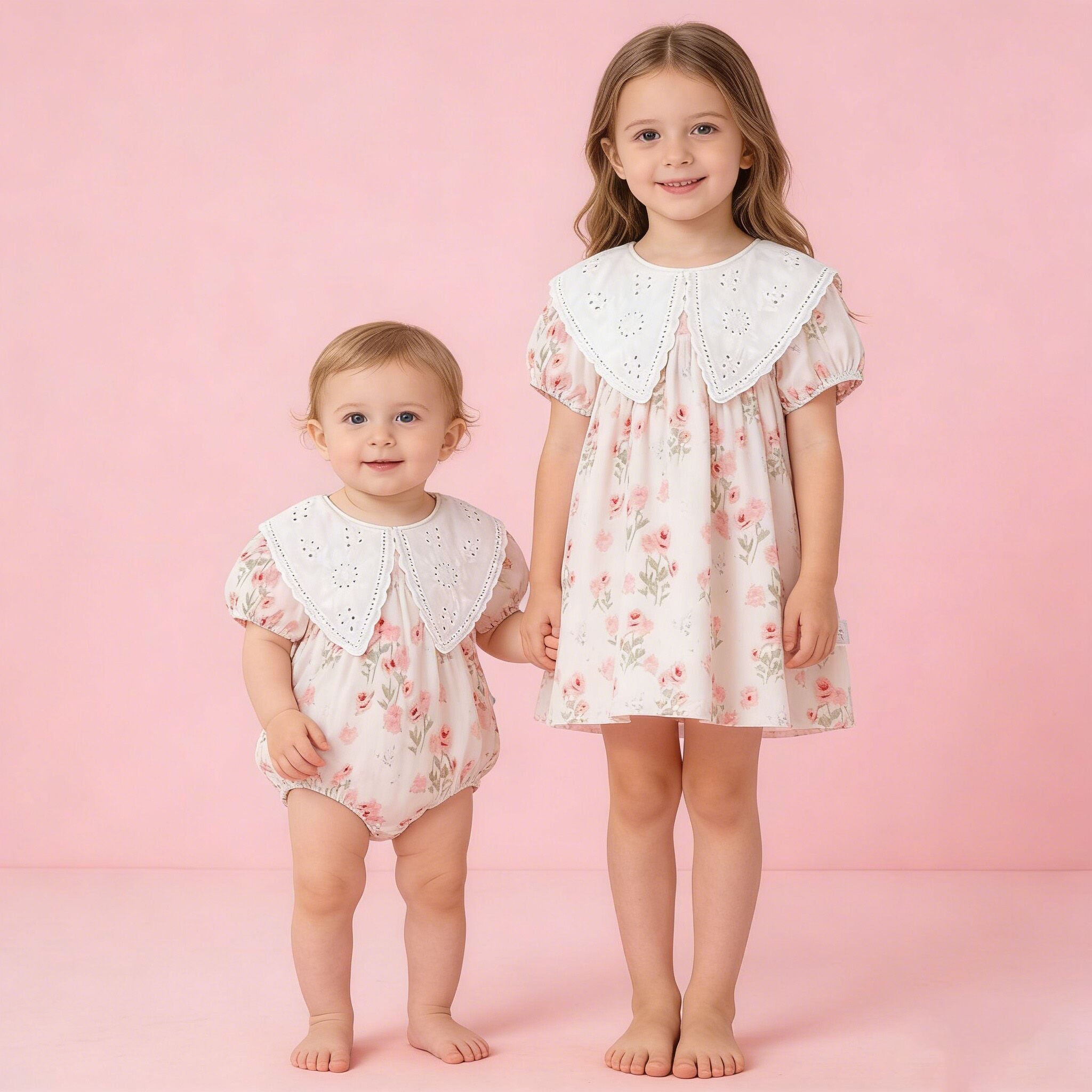 (In Production)Sisters Spring&Summer Coral Floral Print Dress,Romper