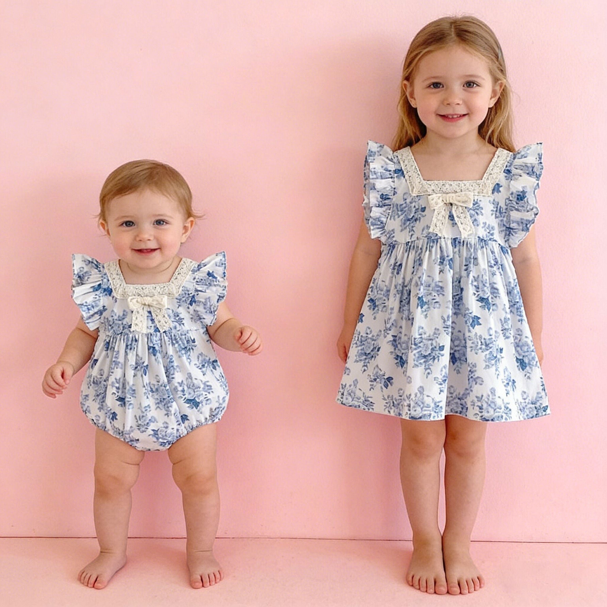 (In Production)Sisters Spring&Summer Blue Floral Print Dress,Romper