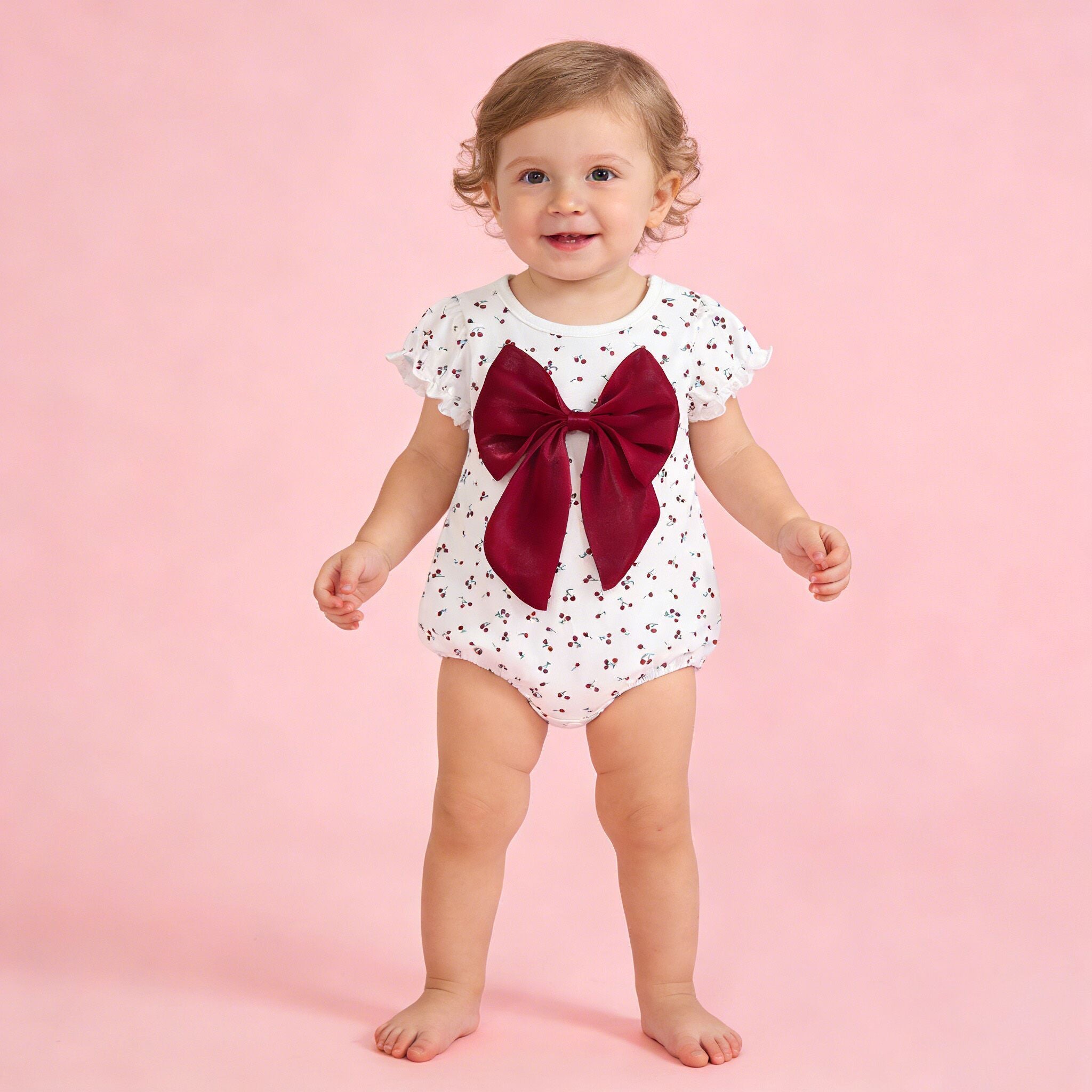 (In Production)Toddler Girls Spring&Summer Cherry Print Bow Romper