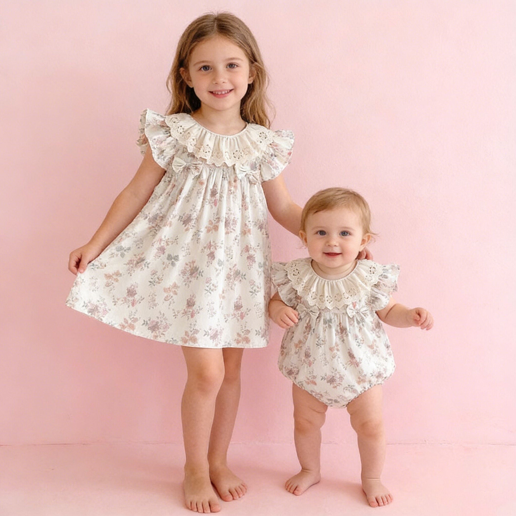 (In Production)Sisters Spring&Summer Floral Print Lace Dress,Romper