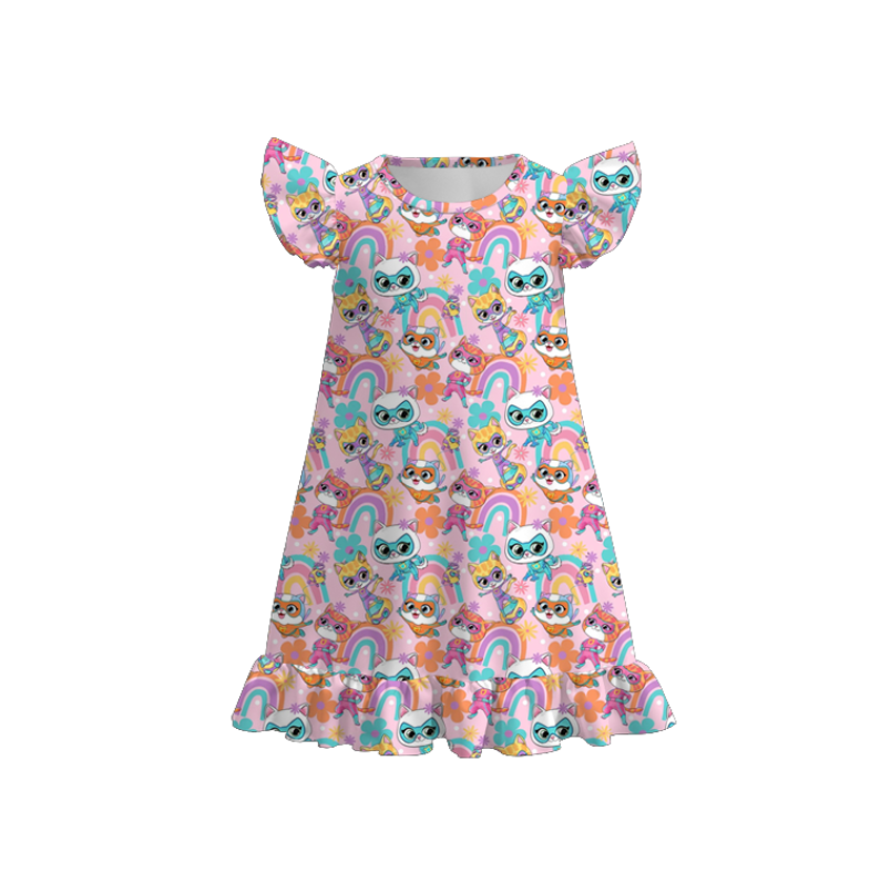 (Pre Order)Girls Spring&Summer Cartoon Kitty Print Pajamas Dress&Set