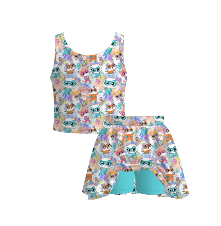 (Pre Order)Girls Spring&Summer Cartoon Kitty Print Pajamas Dress&Set