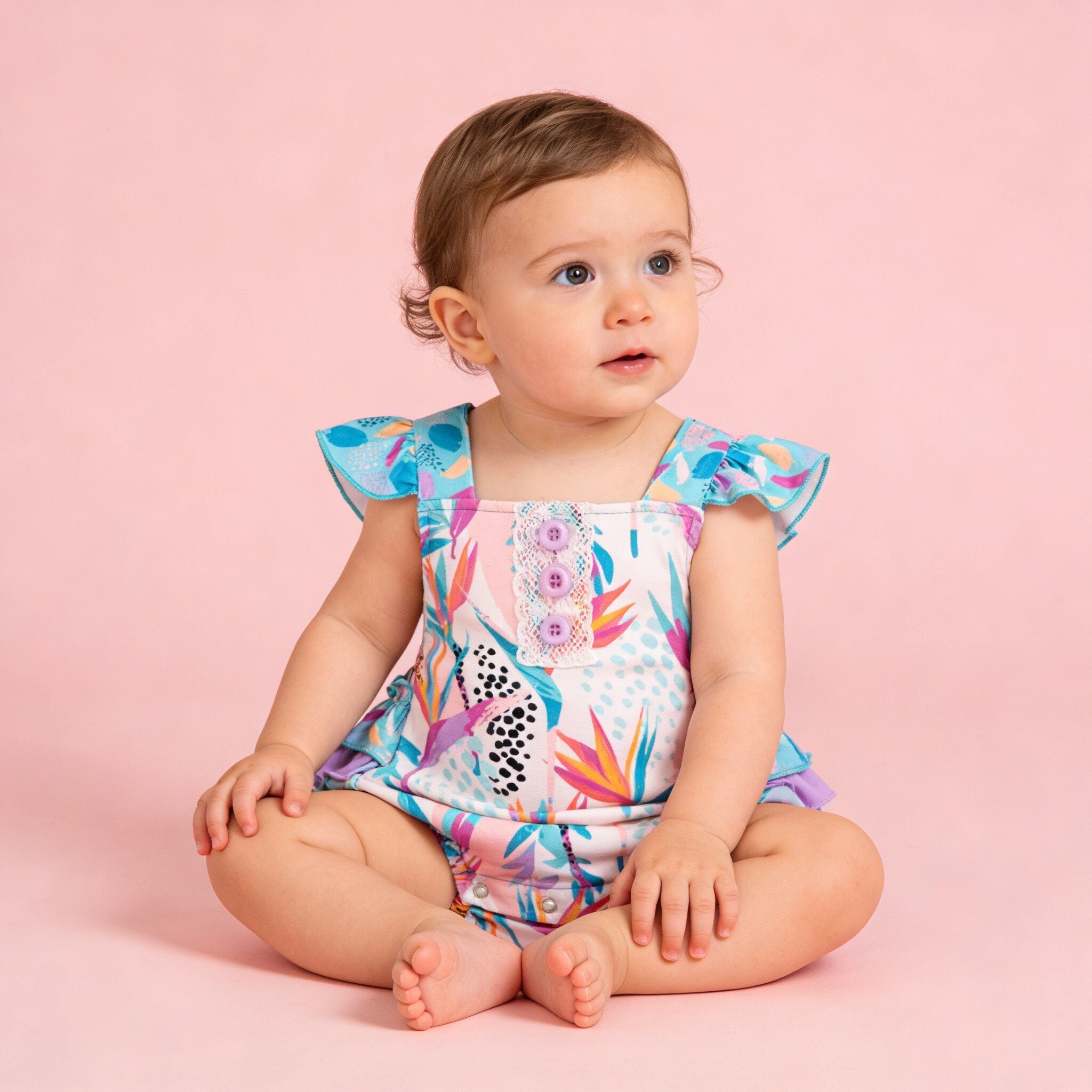 (In Stock)Toddler Girls Spring&Summer Cyan Print Ruffled Romper