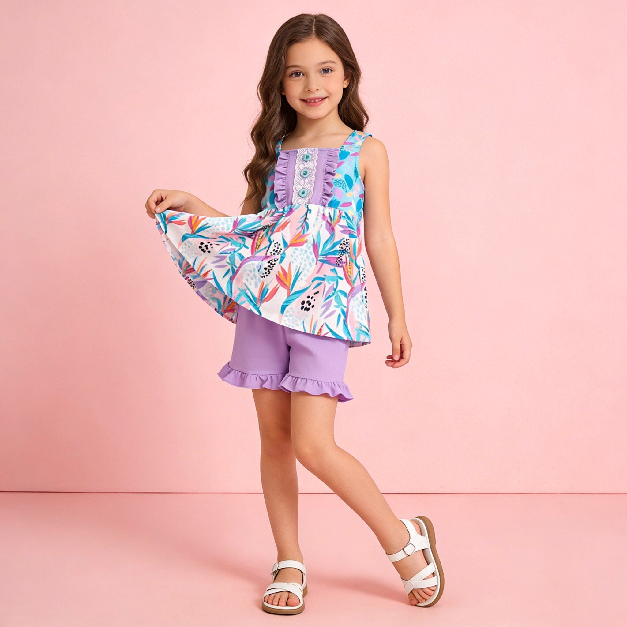 (In Stock)Girls Spring&Summer Cyan Print Top Ruffled Short Set