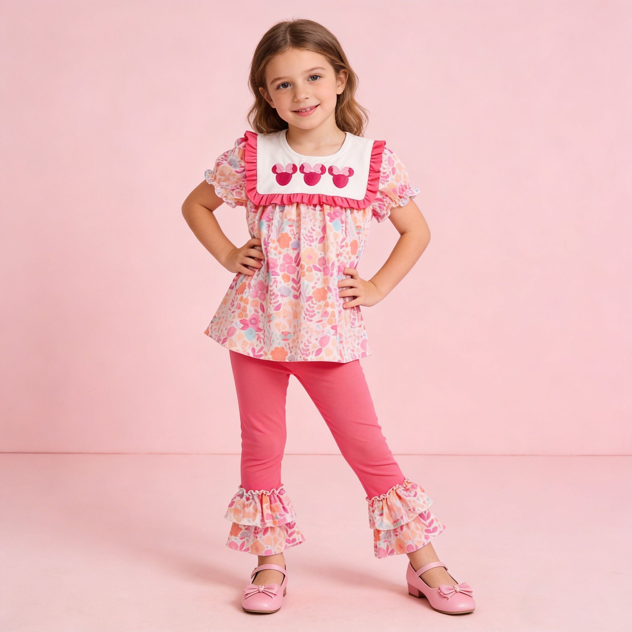 (In Stock)Girls Spring Cartoon Embroidery Outfit Set