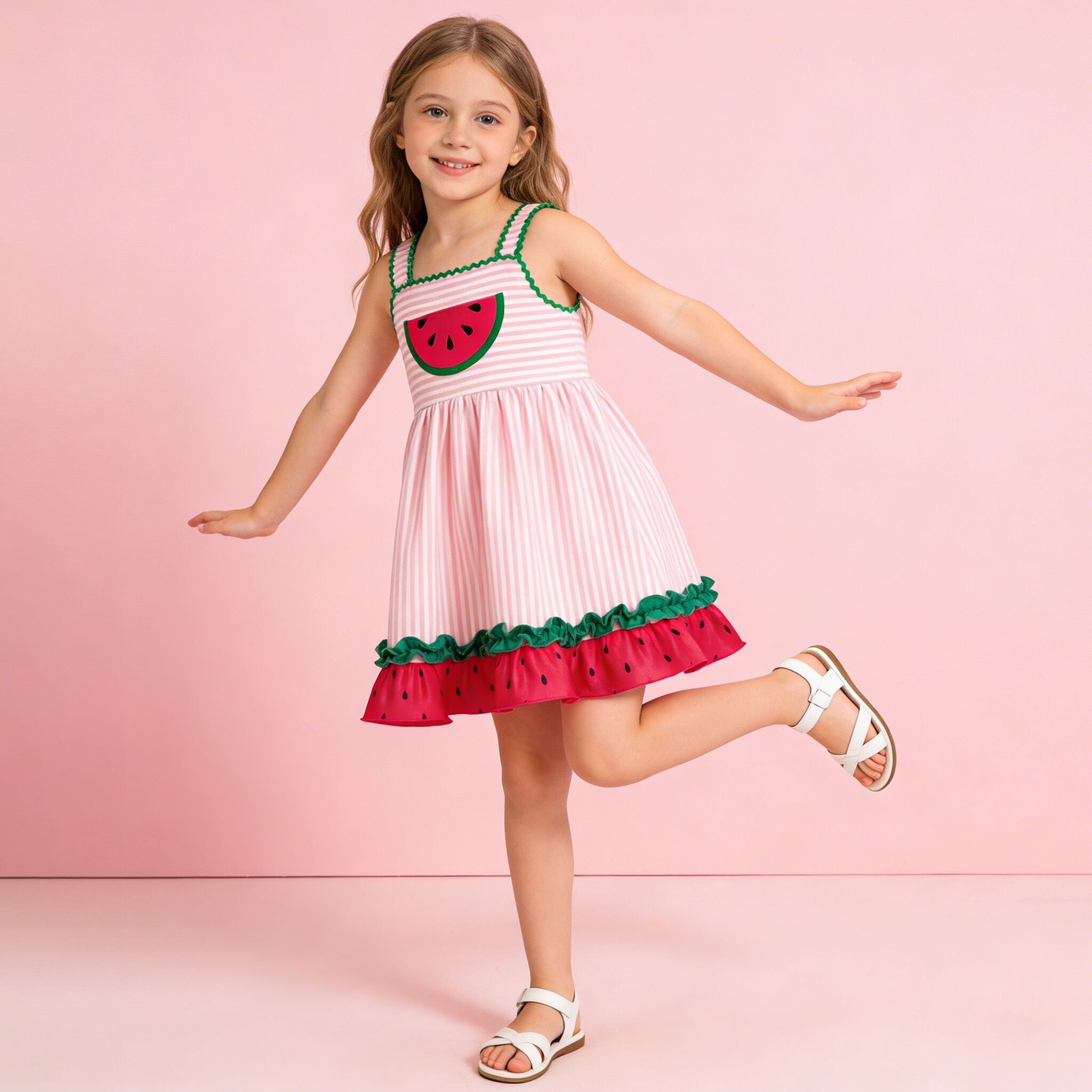 (In Stock)Girls Summer Watermelon Applique Cotton Dress