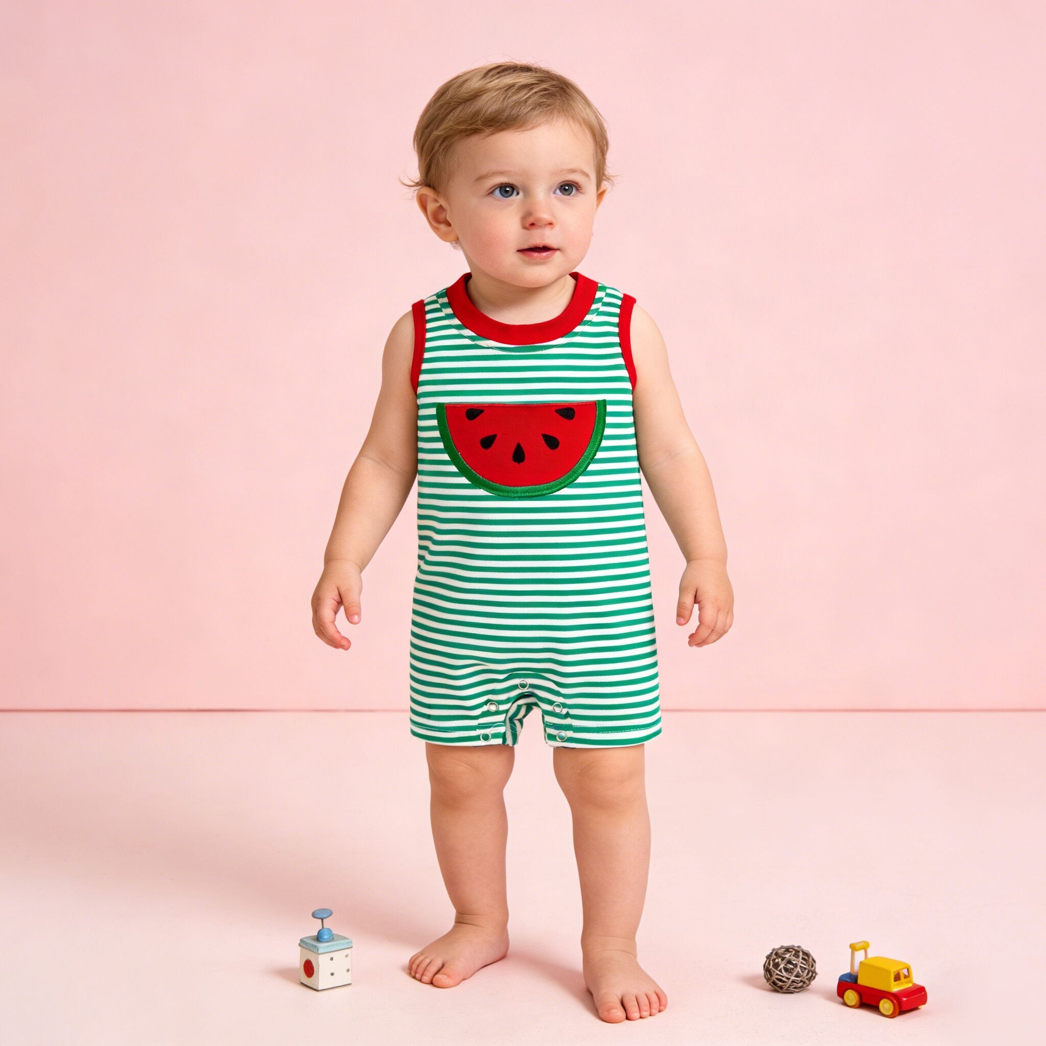 (In Stock)Toddler Boys Summer Watermelon Applique Cotton Romper