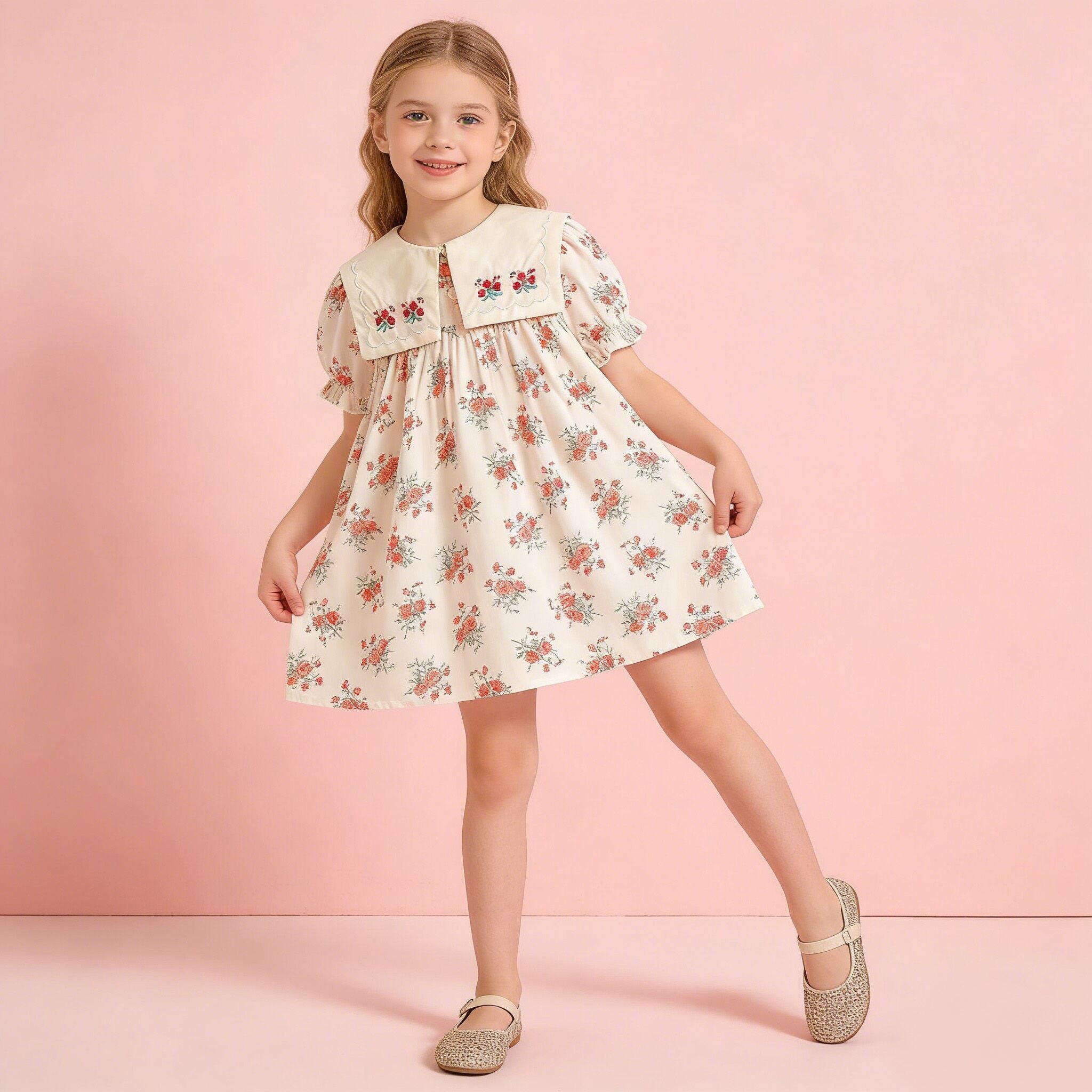 (In Production)Girls Spring&Summer Floral Embroidery Dress