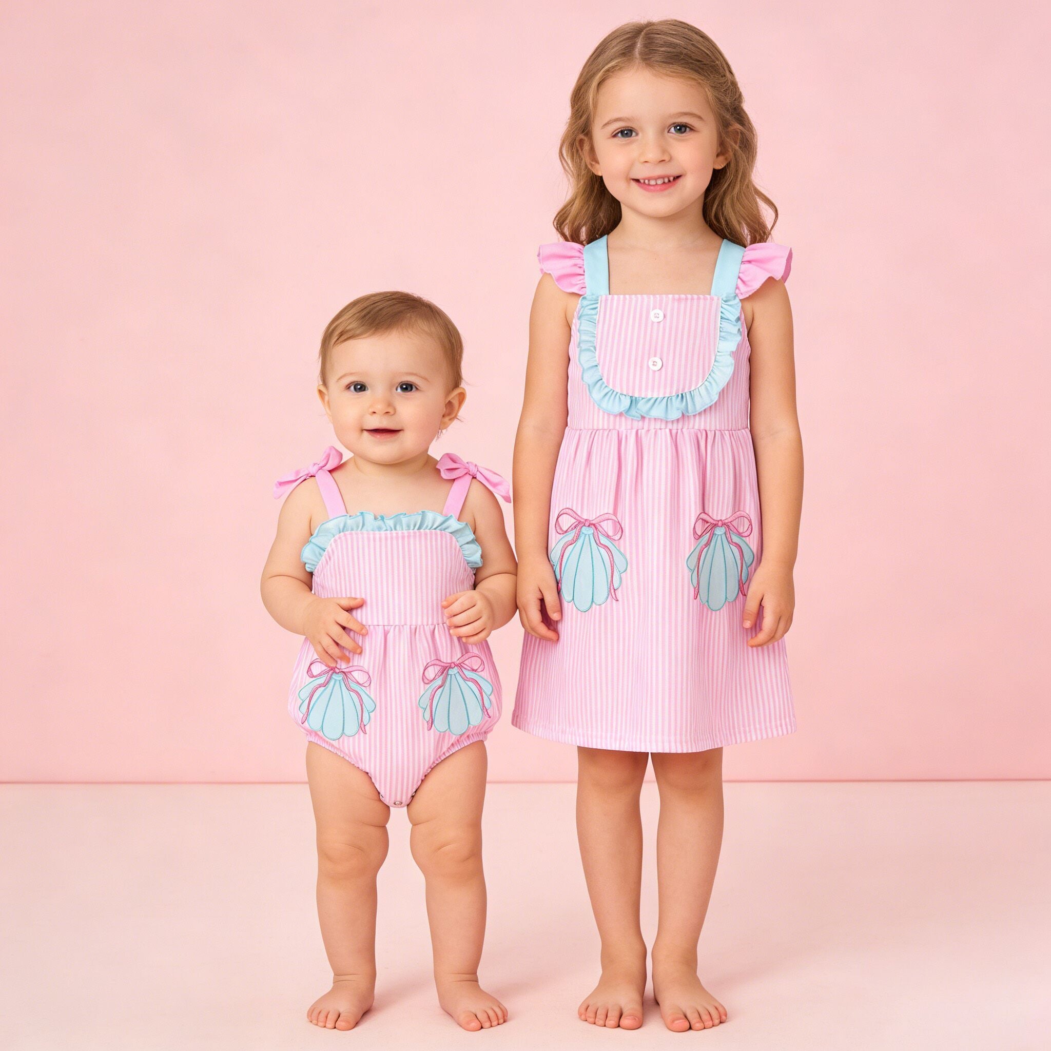 (Pre Order,Prepack Zone)Family Sea Shell Applique Dress&Romper(Mix Size)