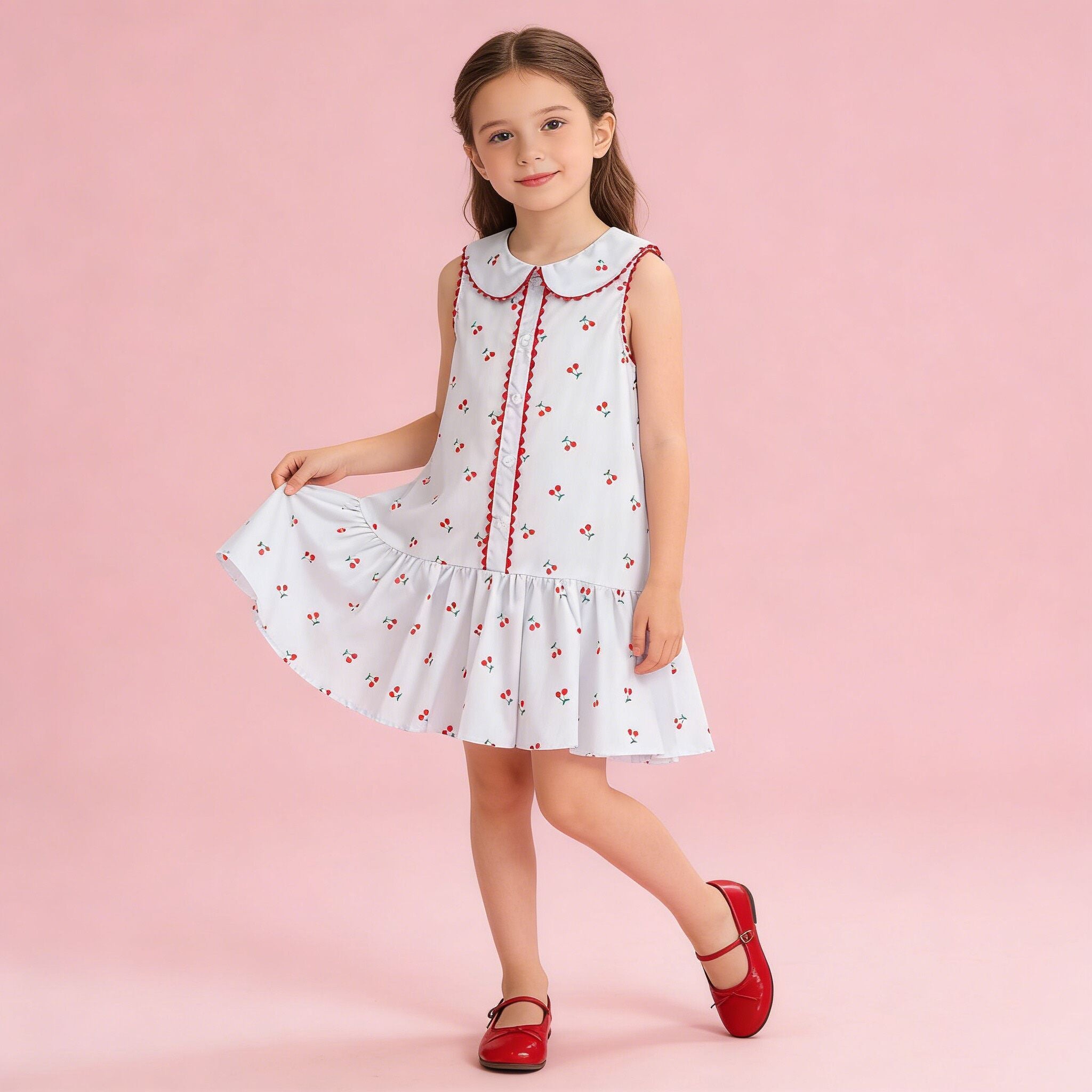 (In Production)Girls Spring&Summer Cherry Print Sleeveless Dress