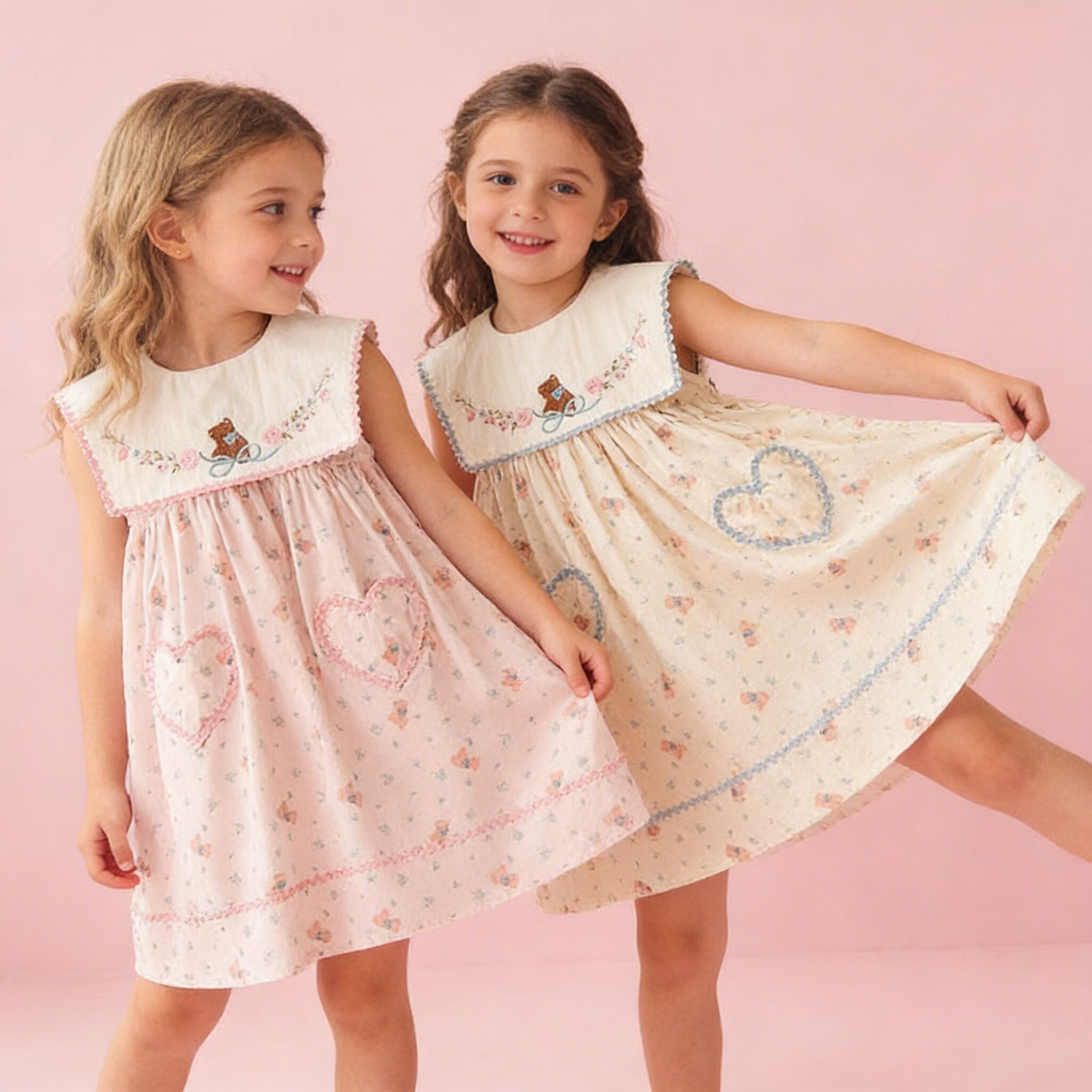 (In Production)Girls Spring&Summer Bear Embroidery Dress