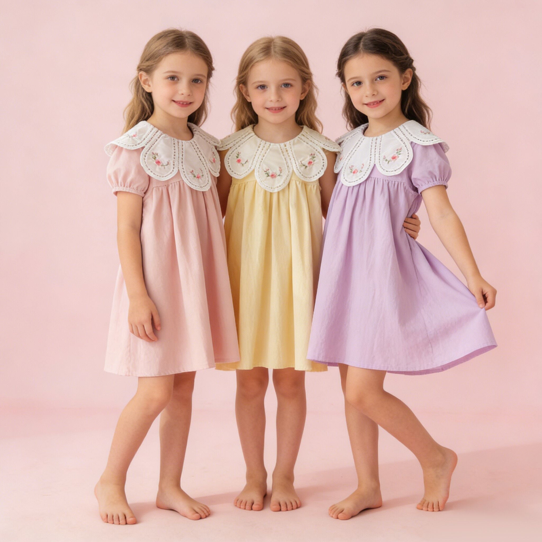 (In Production)Girls Spring&Summer Floral Embroidery Petal Collar Dress