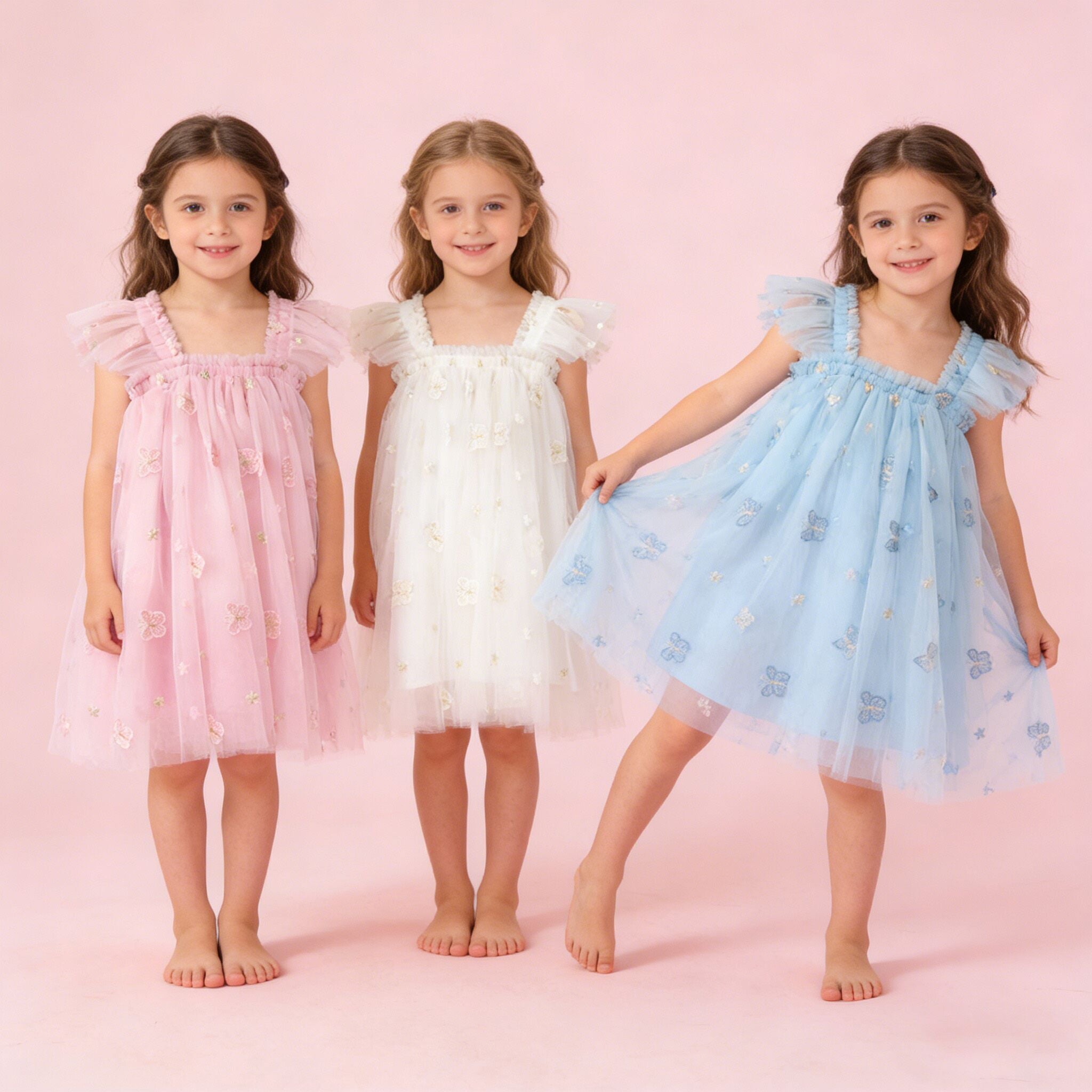 (In Production)Girls Spring&Summer Butterfly Embroidery Tulle Dress