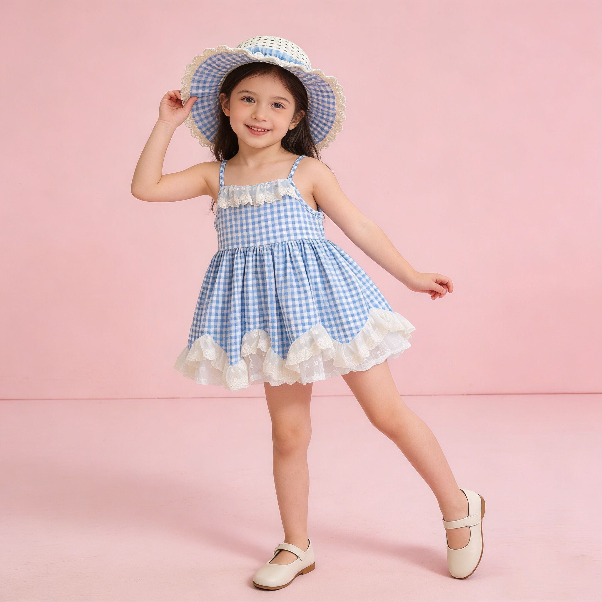 (In Production)Girls Spring&Summer Blue Plaid Slip Dress