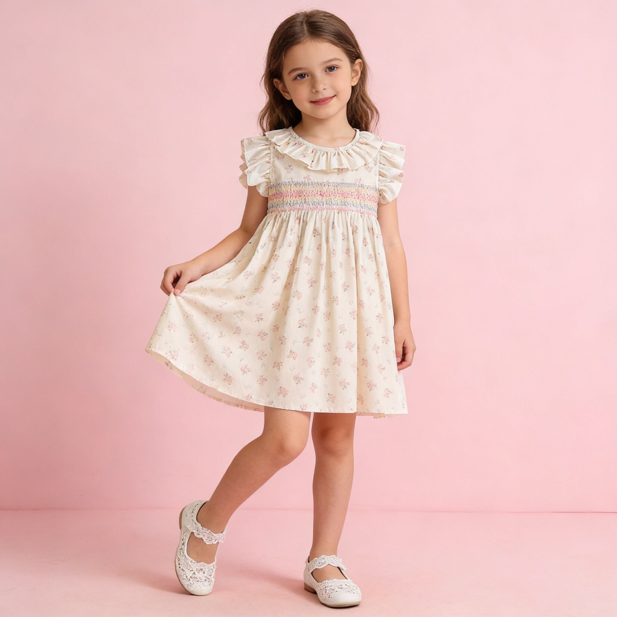 (In Production)Girls Spring&Summer Floral Print Smocked Dress