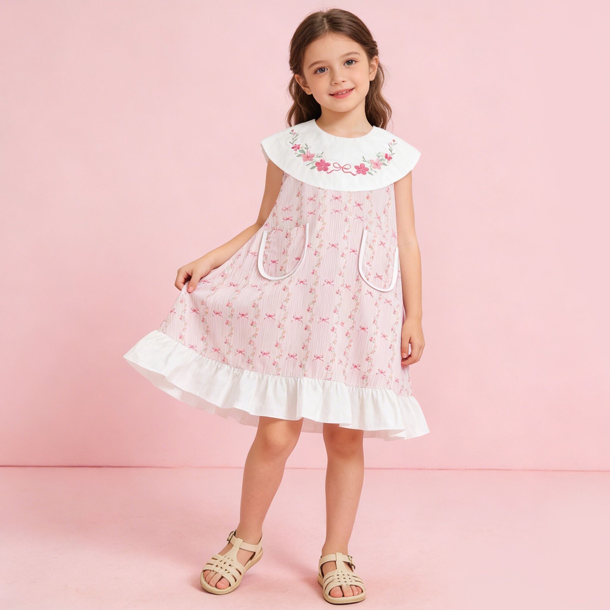 (In Production)Girls Spring&Summer Floral Embroidery Dress with Pockets