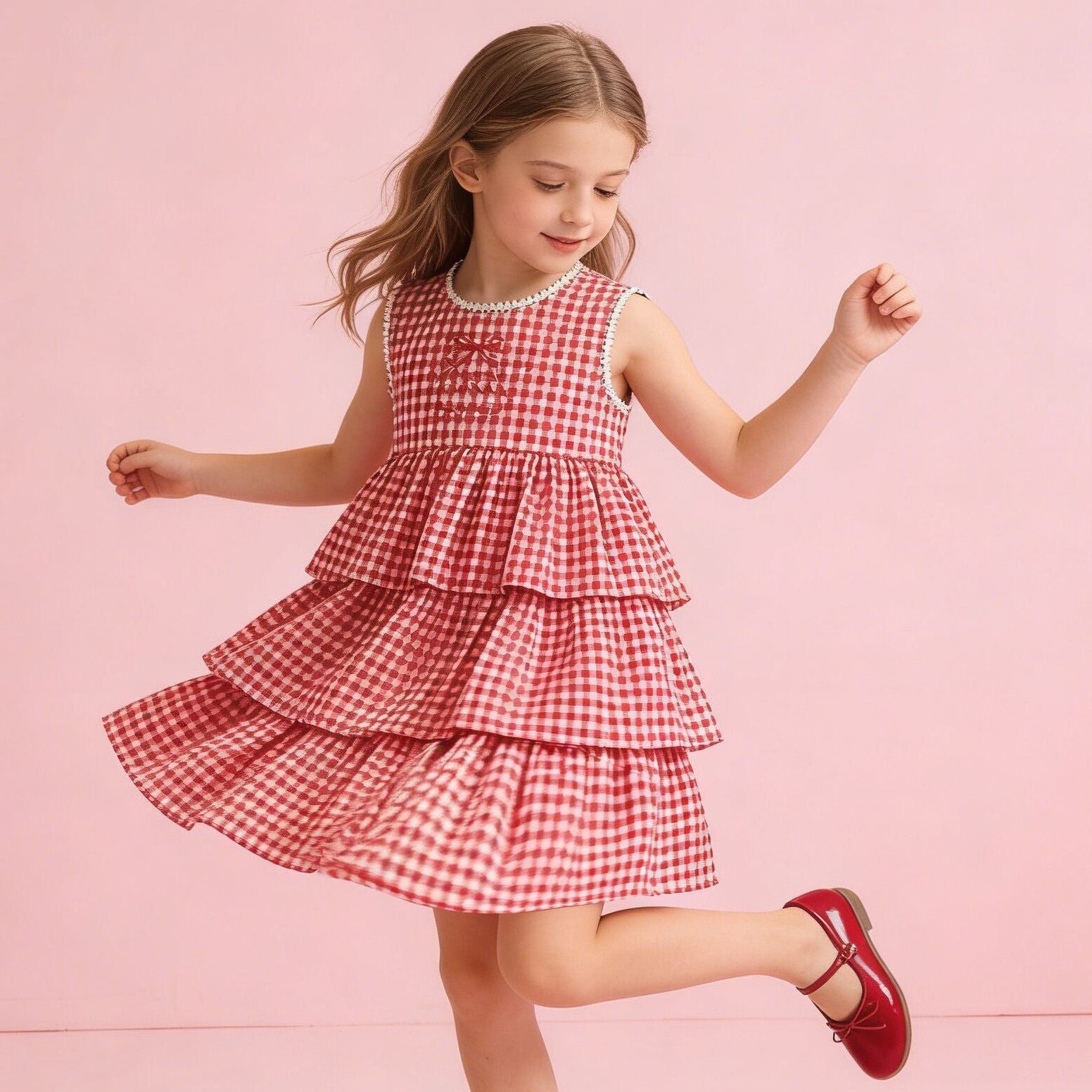 (In Production)Girls Spring&Summer Strawberry Embroidery Tiered Dress