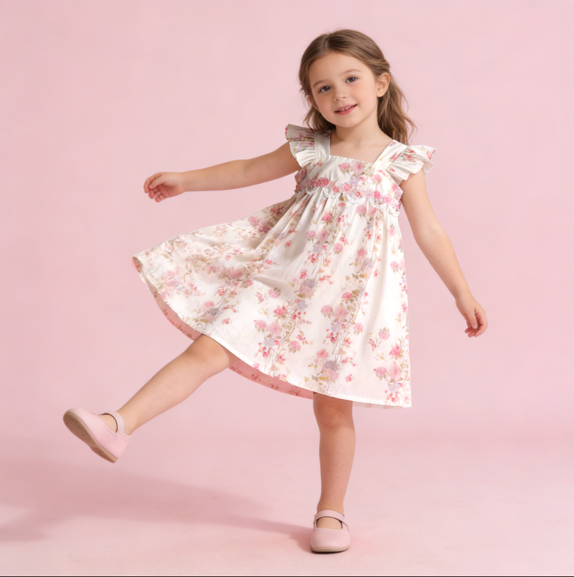 (In Production)Girls Spring&Summer Floral Embroidery Flying Sleeves Dress
