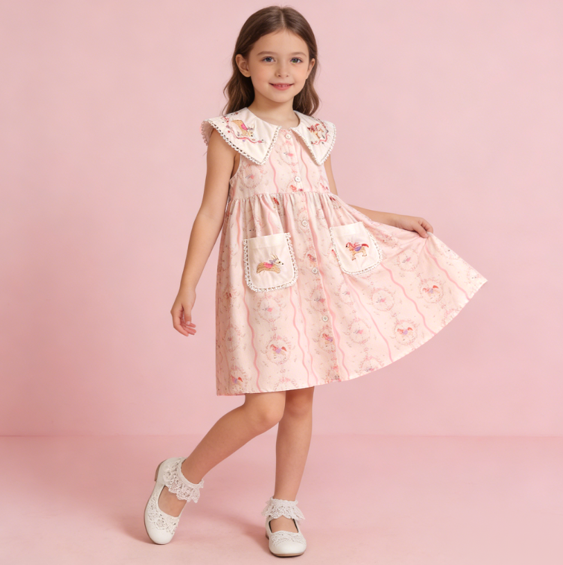 (In Production)Girls Spring&Summer Horse Embroidery Dress with Pockets