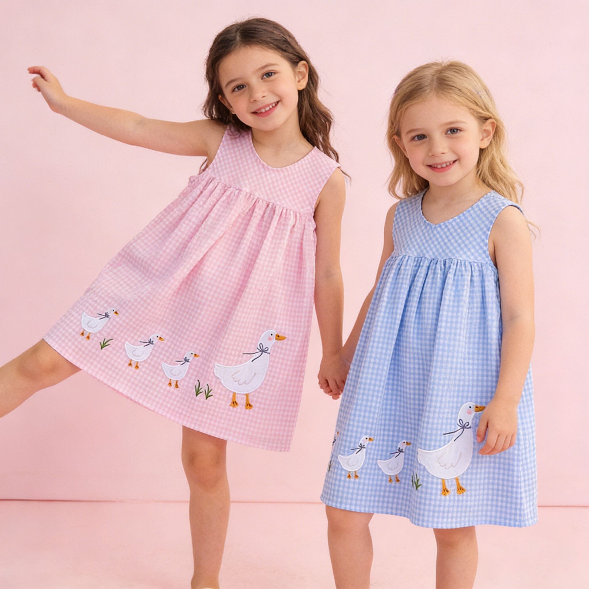 (In Production)Girls Spring&Summer Goose Applique Plaid Dress