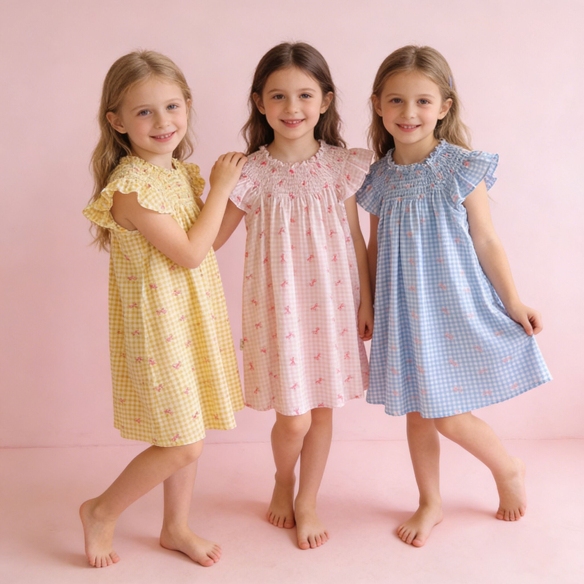 (In Production)Girls Spring&Summer Bow Print Smocked Dress
