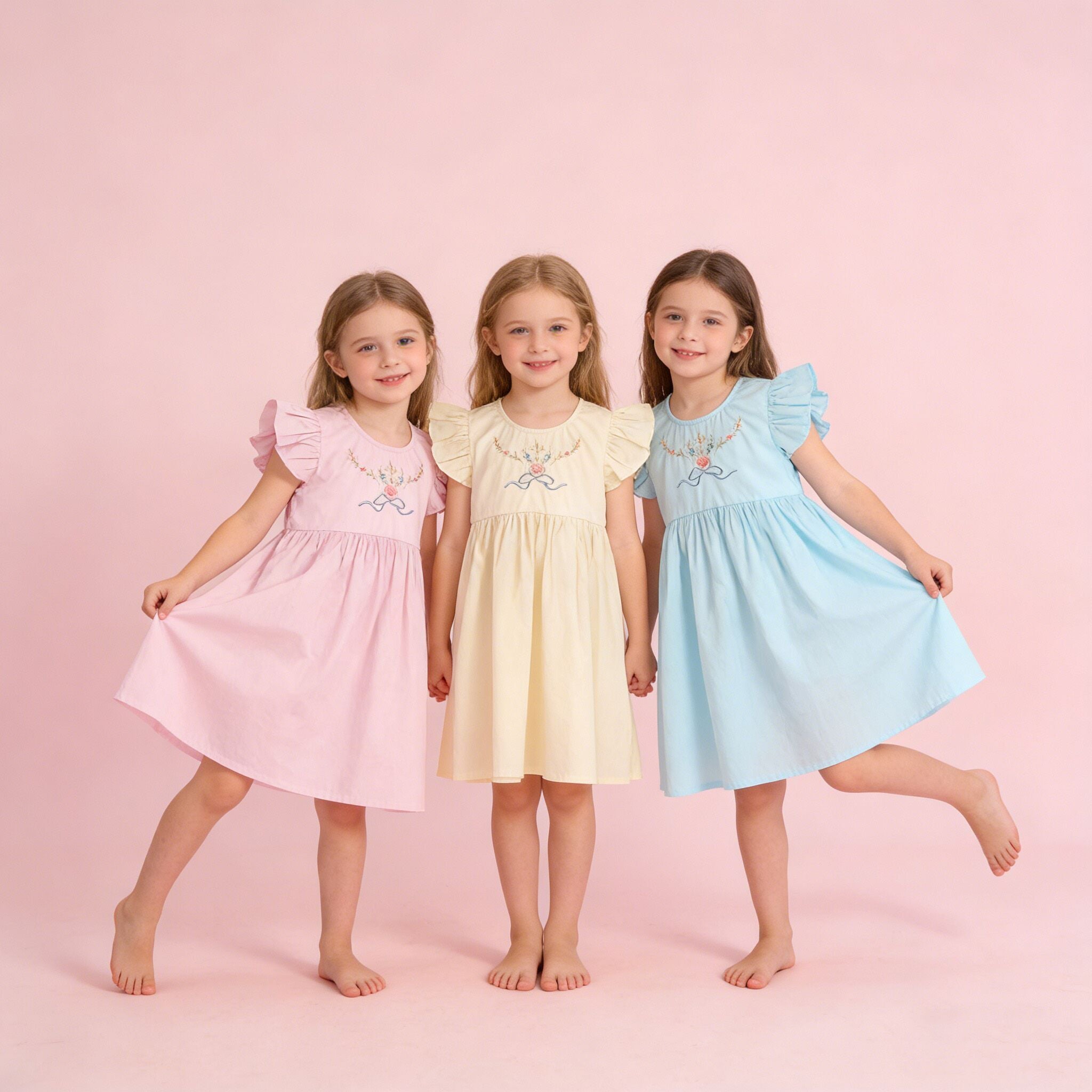 (In Production)Girls Spring&Summer Embroidery Flying Sleeves Dress