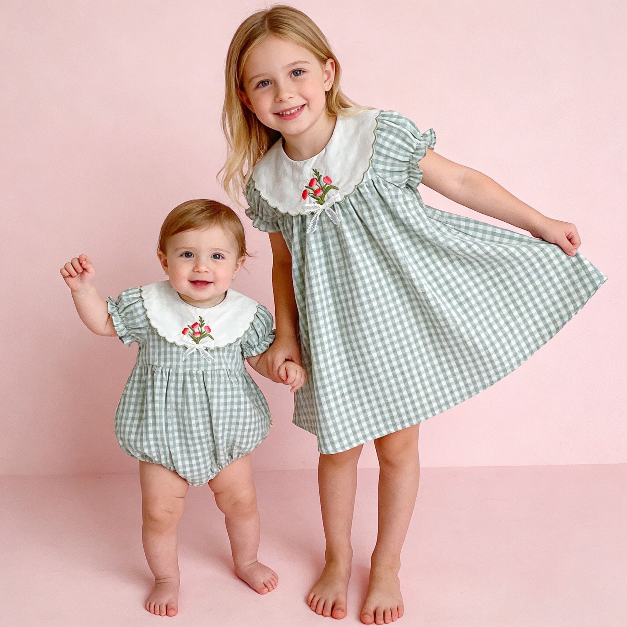 (In Production)Sisters Summer Floral Embroidery Scallop Collar Dress&Romper