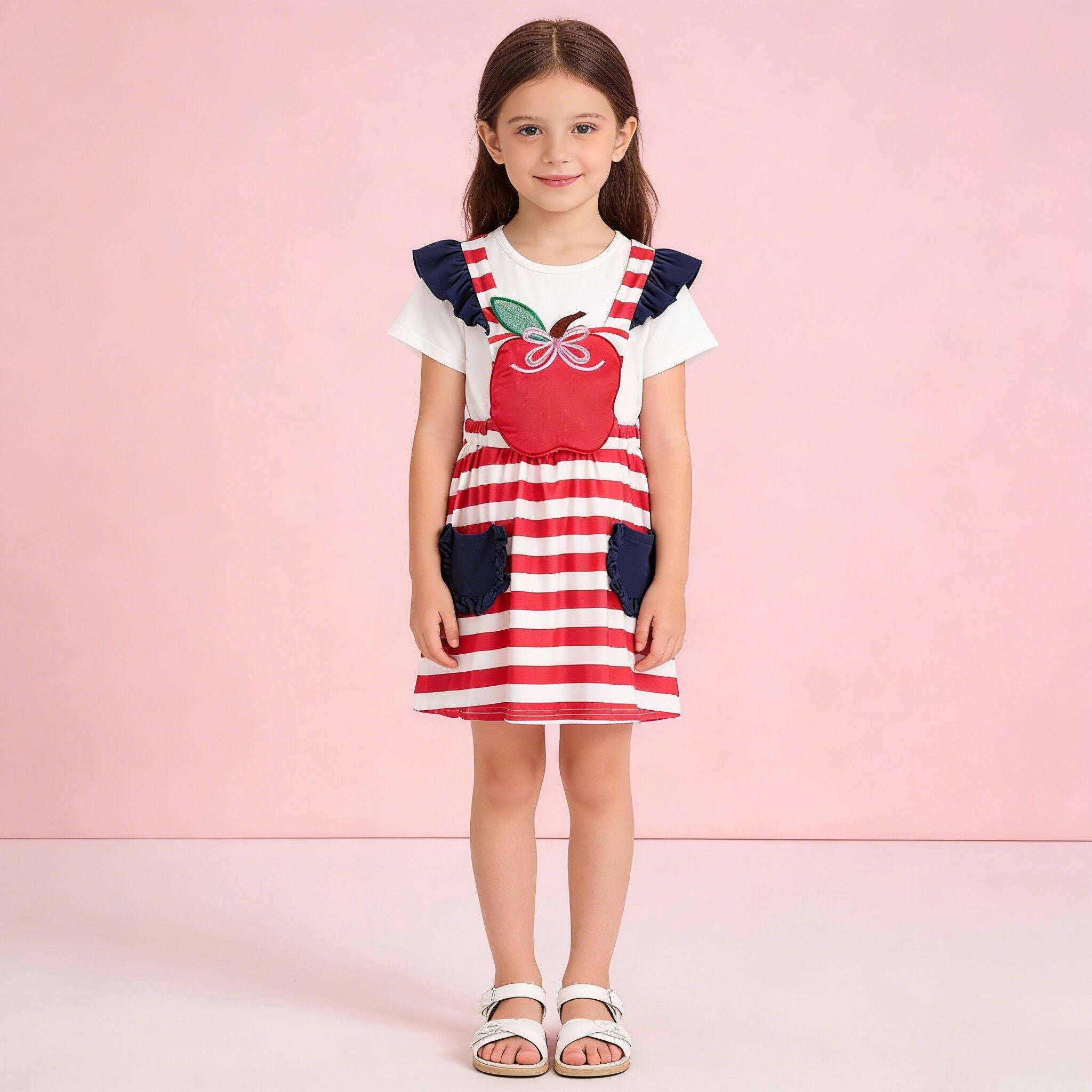 (In Stock)Girls Summer Back To School Apple Applique Dress