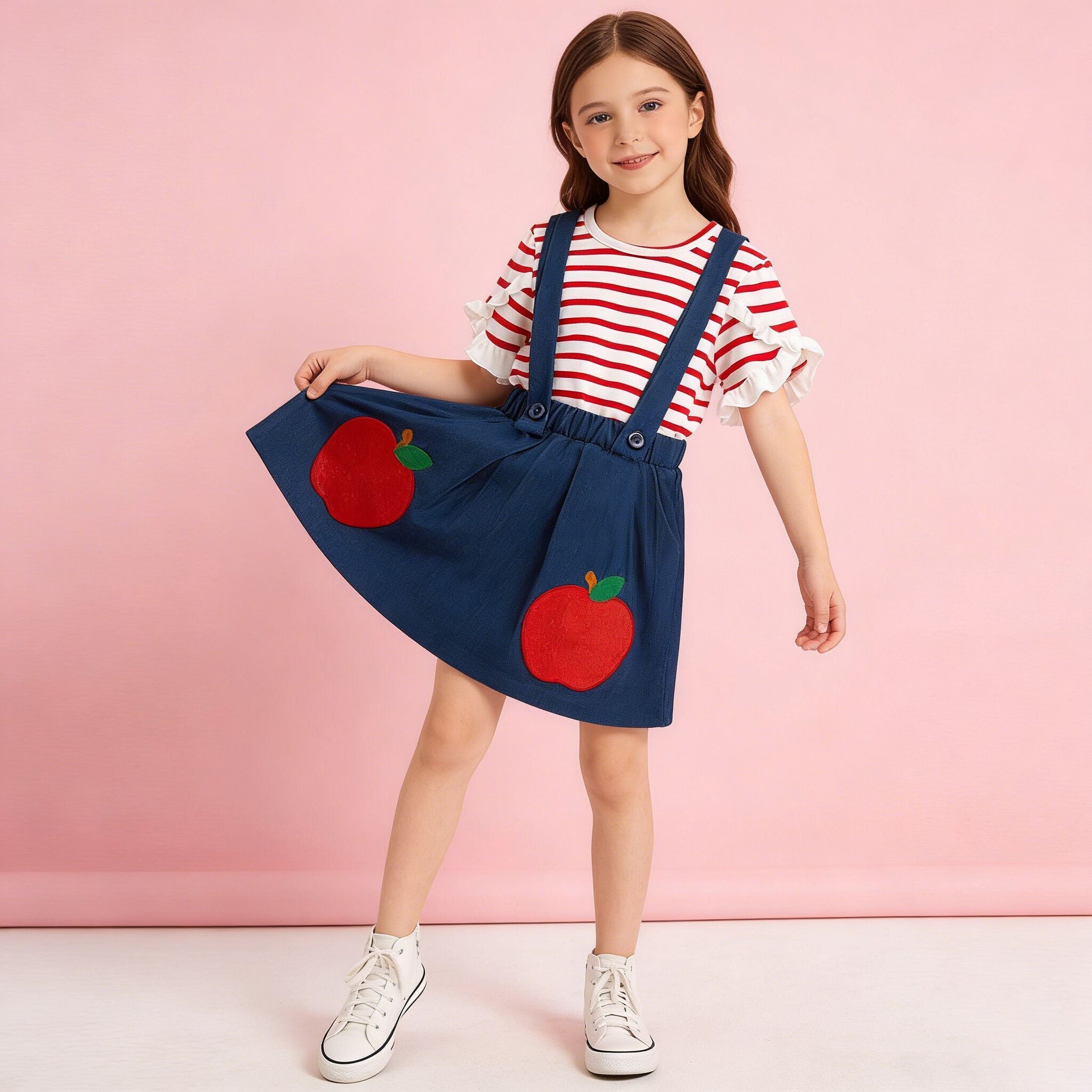 (In Stock)Girls Summer Back To School Applique Suspender Dress
