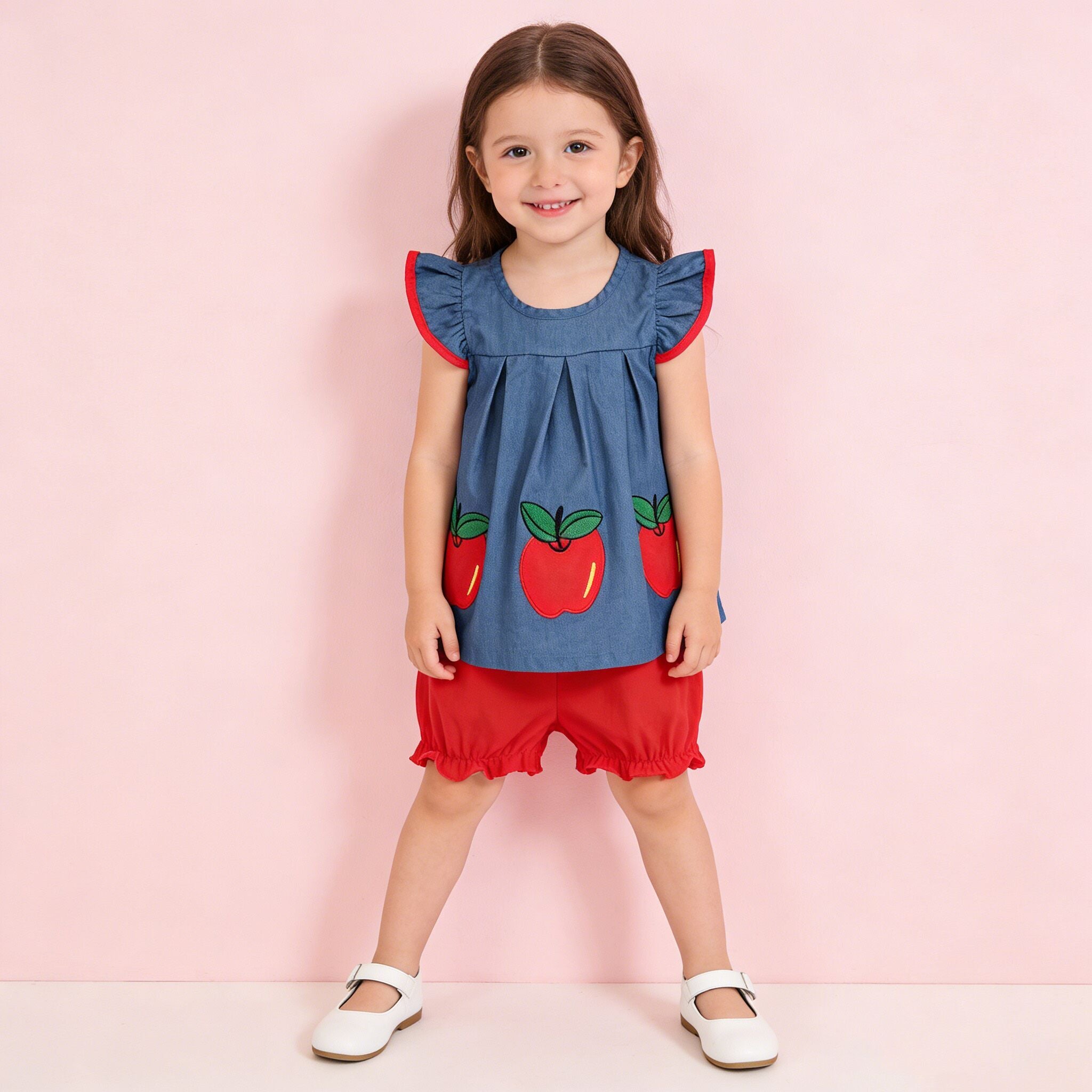 (In Stock)Girls Summer Back To School Denim Apple Embroidery Shorts Set