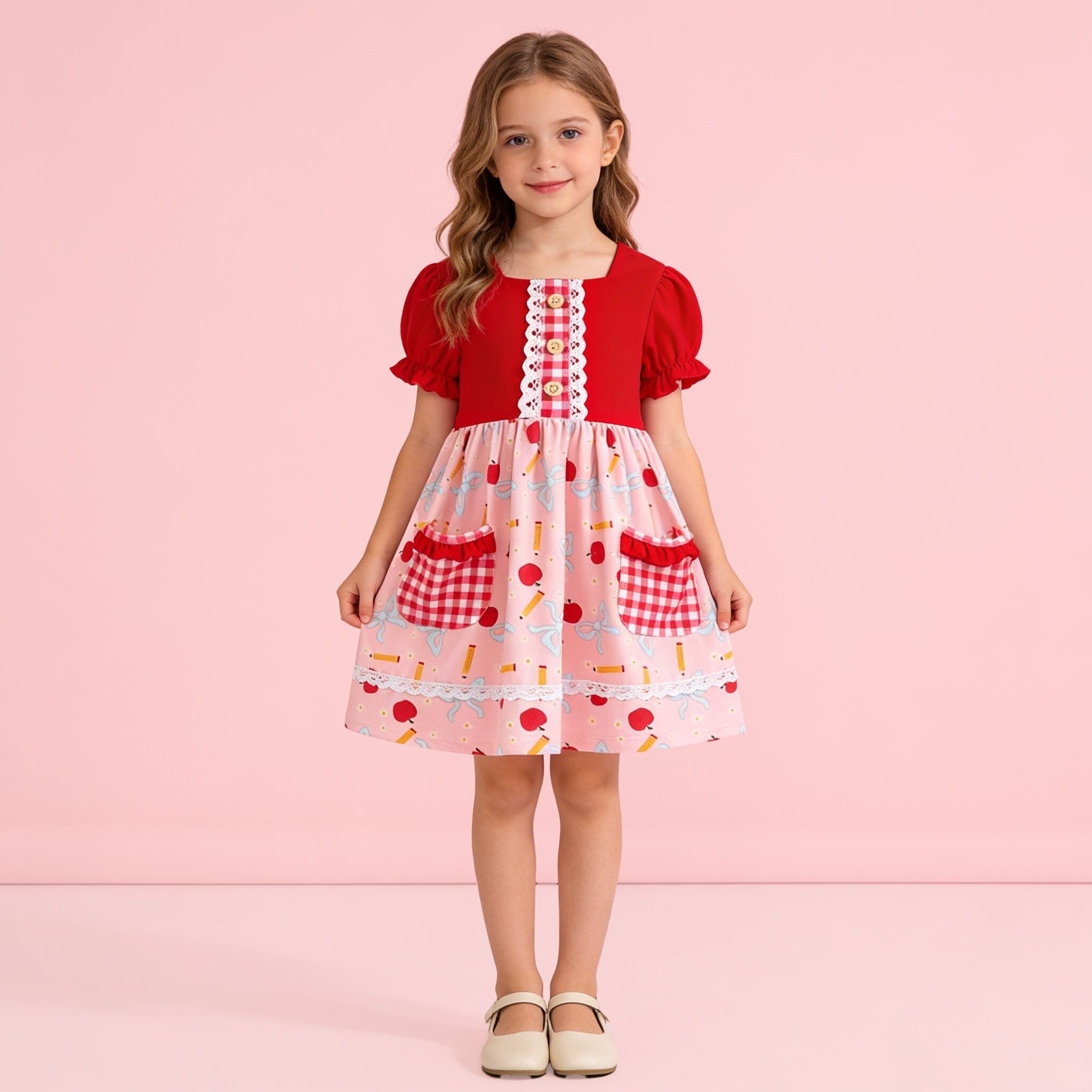 (In Stock)Girls Back To School Apple&Pencil Print Dress with Pockets