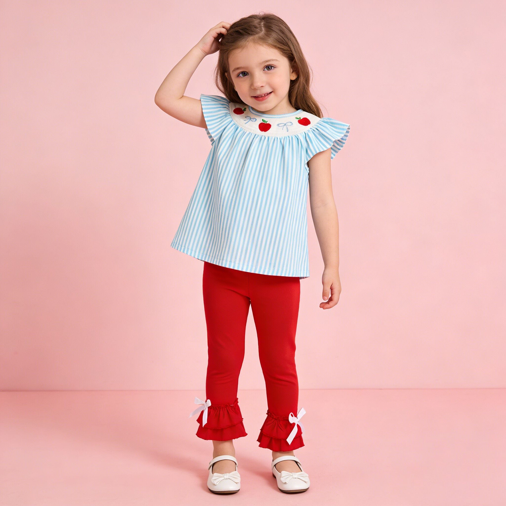 (In Stock)Girls Summer Back To School Embroidery Smocked Outfit Set