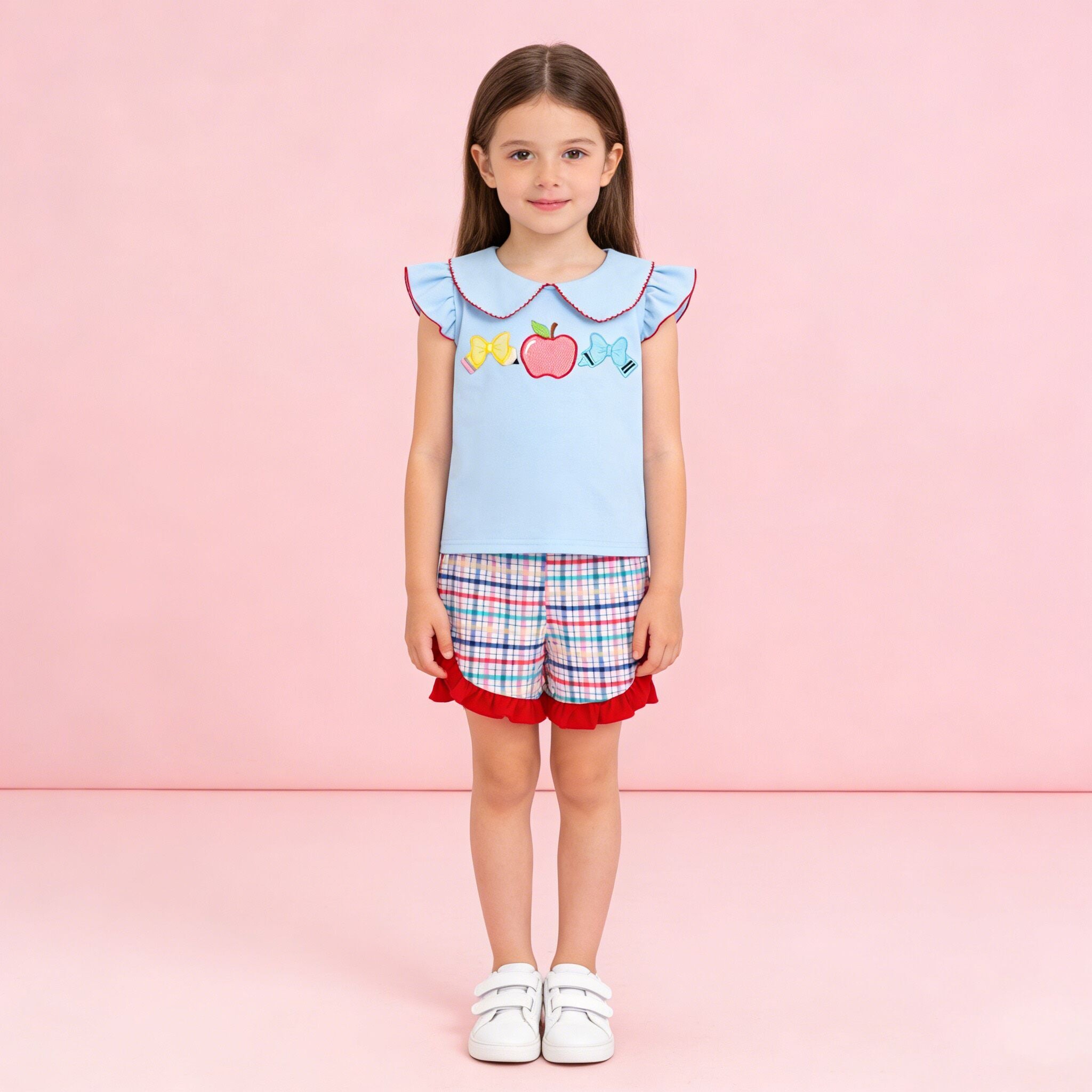 (In Stock)Girls Back To School Apple Applique Shorts Set