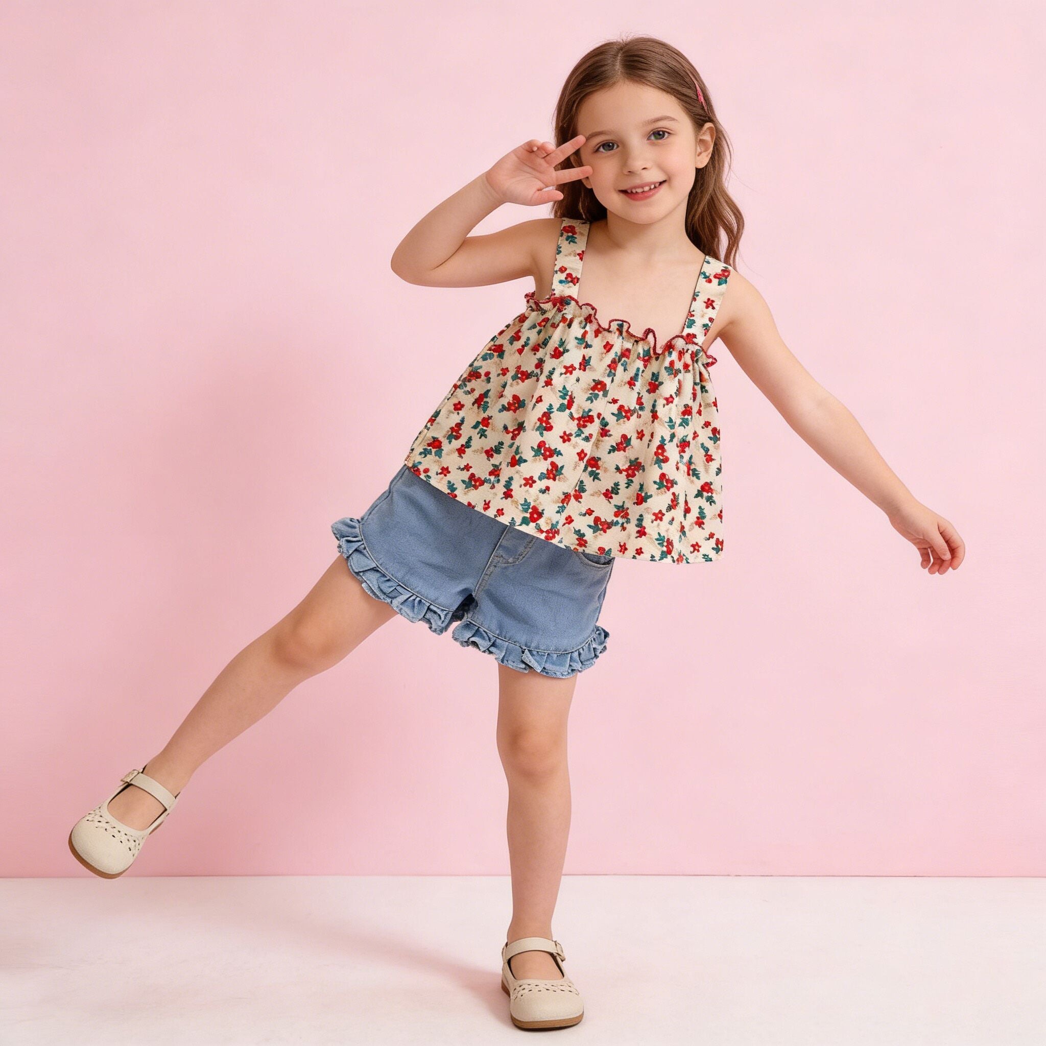 (In Production)Girls Spring&Summer Floral Print Denim Shorts Set